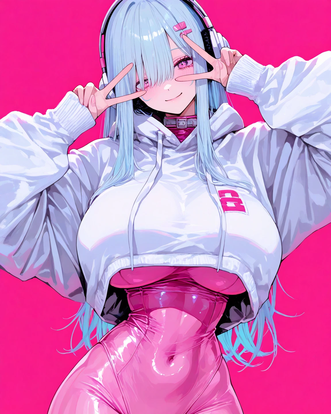 8k Wallpaper、 masterpiece、 top quality、 absurd, latest, Female 1 、 light blue hair 、 long hair、 headphones 、 PINK PLUG SUIT 、 WHITE JERSEY ON THE FRONT 、( WHITE JERSEY ON THE FRONT の中にプラグスーツ)、 beautiful eyes、 wide hips、 protruding thighs 、 very big breasts 、 Neon Pink Background 、 simple background、 masterpiece, high detail, upper body、v sign. smile、masterpiece, amazing image quality , super image quality、 latest, scenery, volume lighting、