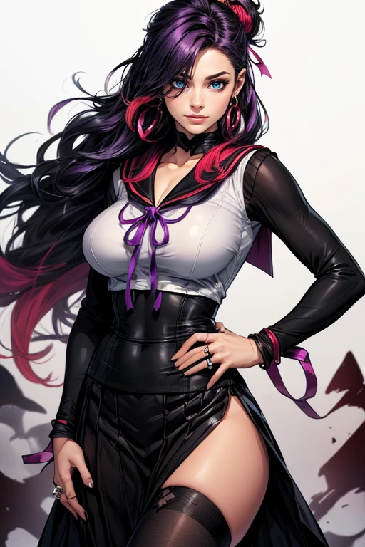 Kirigiri Kyoko, 1girl, corbata, solamente, big breasts, evil smile, outfit Junko Enoshima, twintails, solo, blue eyes, bangs, bear hair ornament, nail polish, red nails, red bow, black shirt, underwear, choker, black bra, collarbone, sleeves rolled up, white necktie, pleated plaid red skirt, school uniform, black cross-laced knee boots, shiny, shiny hair, landscape, city landscape, city background, (hands over chest), hand over breasts, correct hands, correct anatomy, five fingers, beautiful hands big breasts, Full body image 
, Black high-heeled boots with cross laces