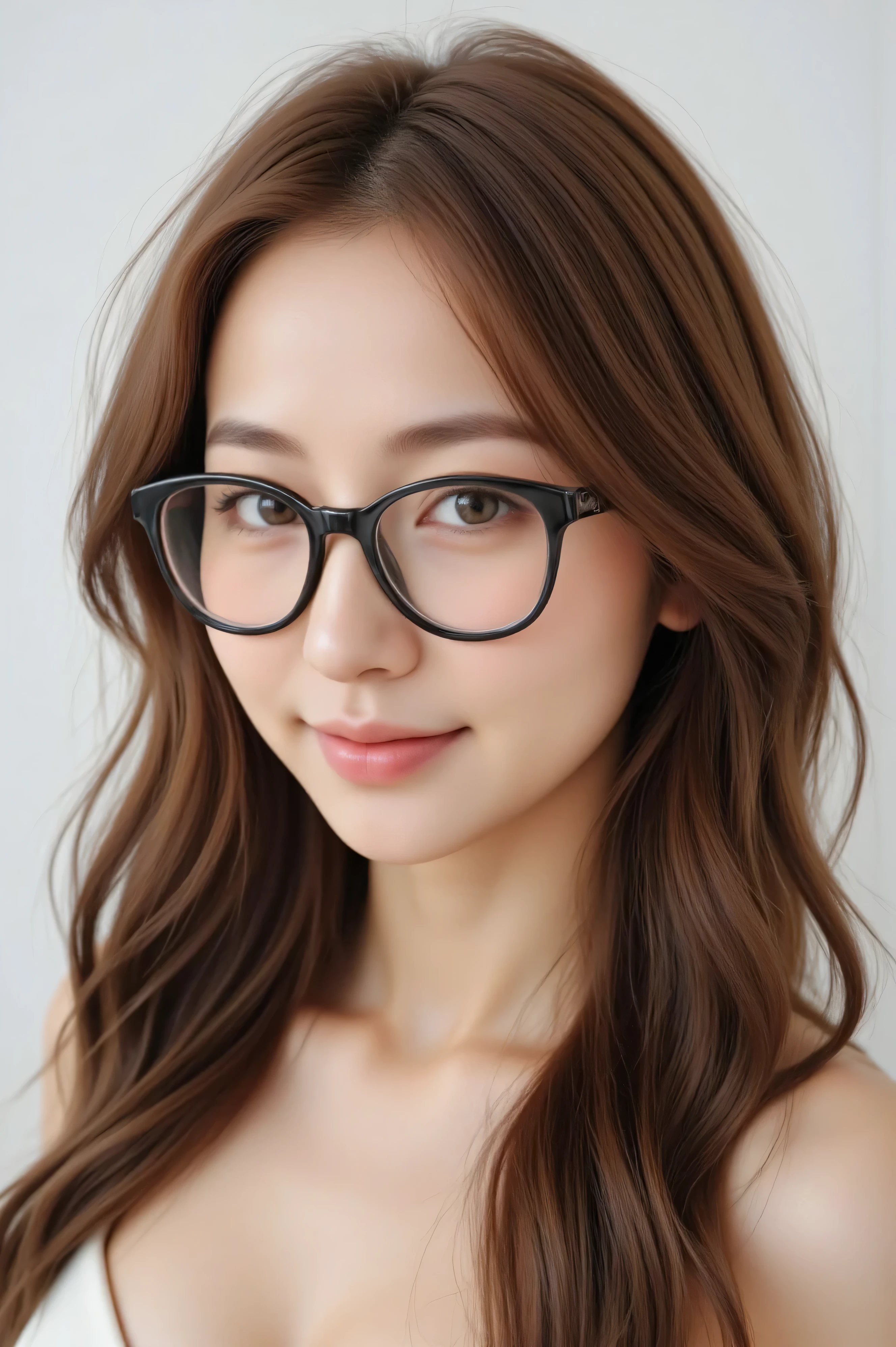 professional lighting,(photorealistic:1.4), (Top image quality:1.0), (Ulahi-res:1.0), 8k, Raw  photosy, ( masterpiece:0.2),( highest quality  DetAIl:1.2)、realistic、8K HD、Hi-Res、(1 girl:1.2)、Super  Details、 High Quality Textures 、intricate details、 Details、Very  Details CG、 High quality shadows 、 Details Beautiful and delicate face、 beautiful details and delicate eyes 、(symmetrical eyes:1.2), marked on the boundary of the abyss、Ray Tracing,1 girl,  Japanese Girl,cute, Portraits of Japanese Women ,  smile. (simple white background:1.4)、Adding tranquility to the scene、Rendered in a realistic style with great attention to detAIl, Hi-Res images.Sky Porn,  magic hour , (realistic:1.3), finely, (realistic:1.2), ( highest quality ), (Complex Details), dramatic, Ray Tracing,  photos, +roller、（（She has black glasses ））、、（（ gentle smile））、smile、teeth and laugh、 Gold,  highlight color hairstyle, long hair, wave hair、AI__A card with the letters zin printed on it