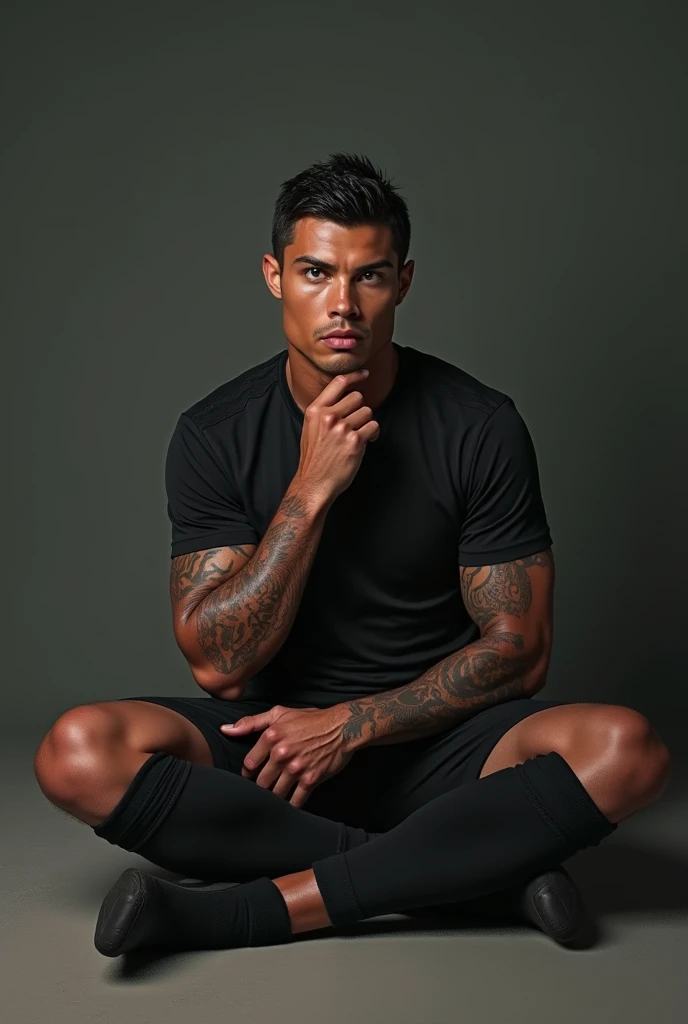 Shirtless Thai soccer player wearing blue soccer shorts with flames and knee high soccer socks squatting 