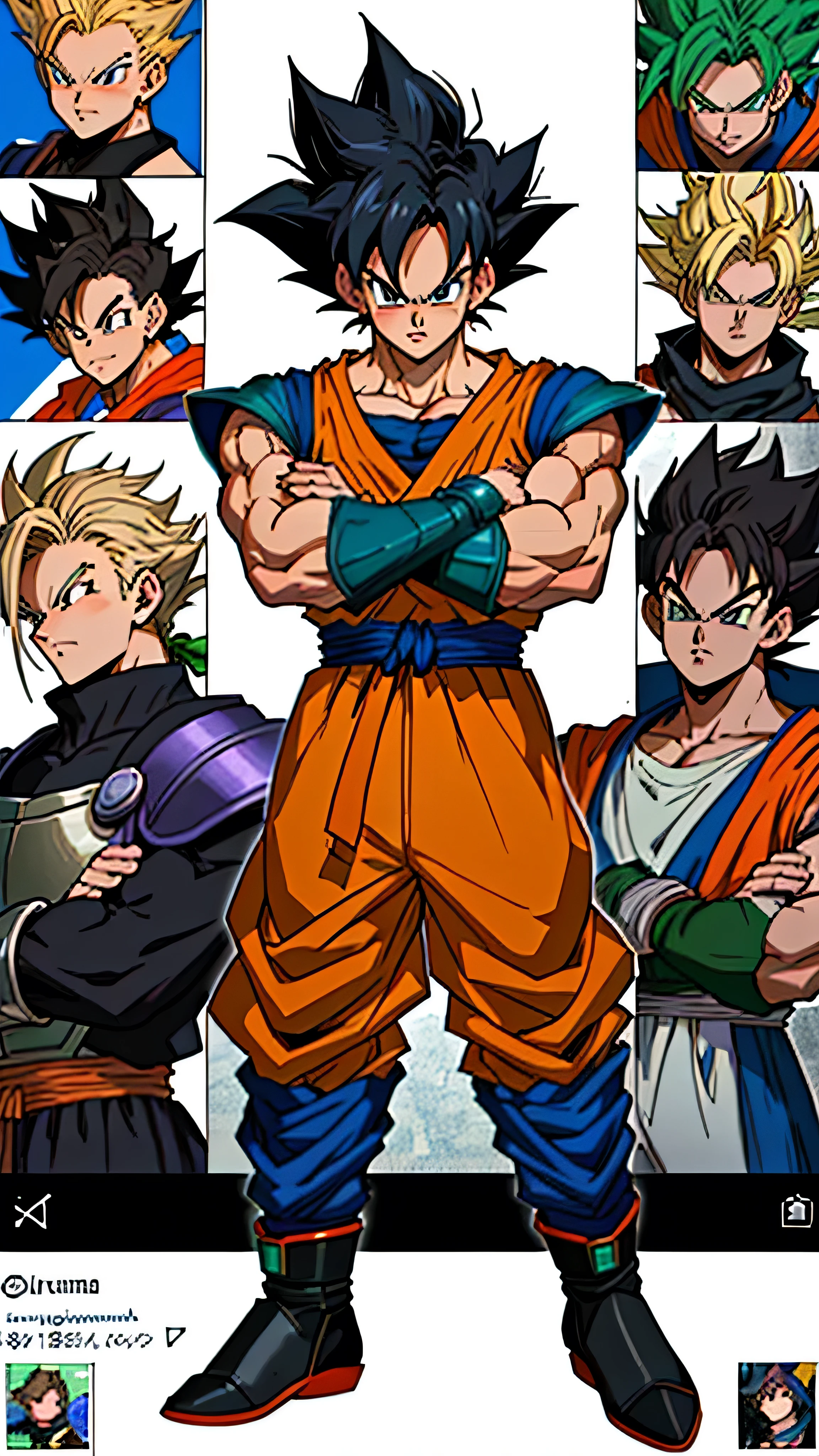 body hair: Your hair is black, spiky and quite distinctive, with several points pointing upwards. When you transform into a Super Saiyan, your hair becomes blonde and straight, and in other transformations it acquires different colors and shapes.

eyeballs: Goku has big, expressive eyes, black in color. During his Super Saiyan transformations, your eyes change color, turning green or blue, depending on the transformation.

badass clothing: Goku usually wears a traditional fighting outfit called a gi., which is orange with a blue t-shirt underneath. He also wears a blue belt and blue boots with yellow trim.. The gi often features the kanji "turtle" (Meat), what does it mean "tortoise", in honor of his master, Mestre Meat.

Physicist: Goku has a muscular and athletic body, result of your intense and continuous training. Its physical structure is robust, reflecting his strength and skill as a fighter.

Accessories: He wears blue bracelets on his wrists and, in some sagas, a pair of potara earrings during fusion.

Expression: Goku is often seen with a friendly smile or a determined expression., especially when facing powerful opponents. He exudes an aura of confidence and enthusiasm.