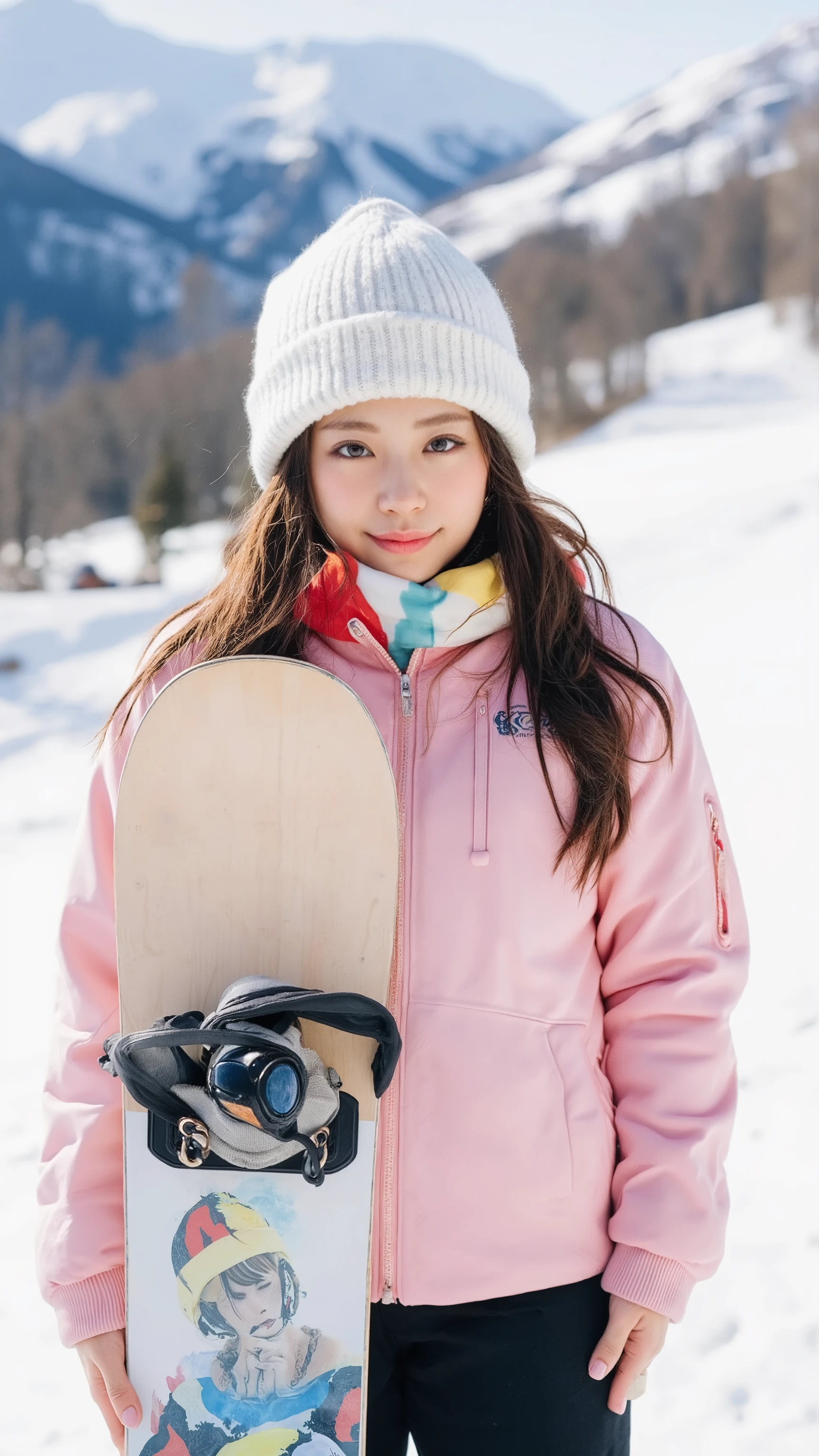 Ski resort on a clear day:1.5、A woman wearing snowboard clothes with a light pink jacket and black pants and carrying a snowboard、 I'm wearing a white knit hat、(fula body:1.8)