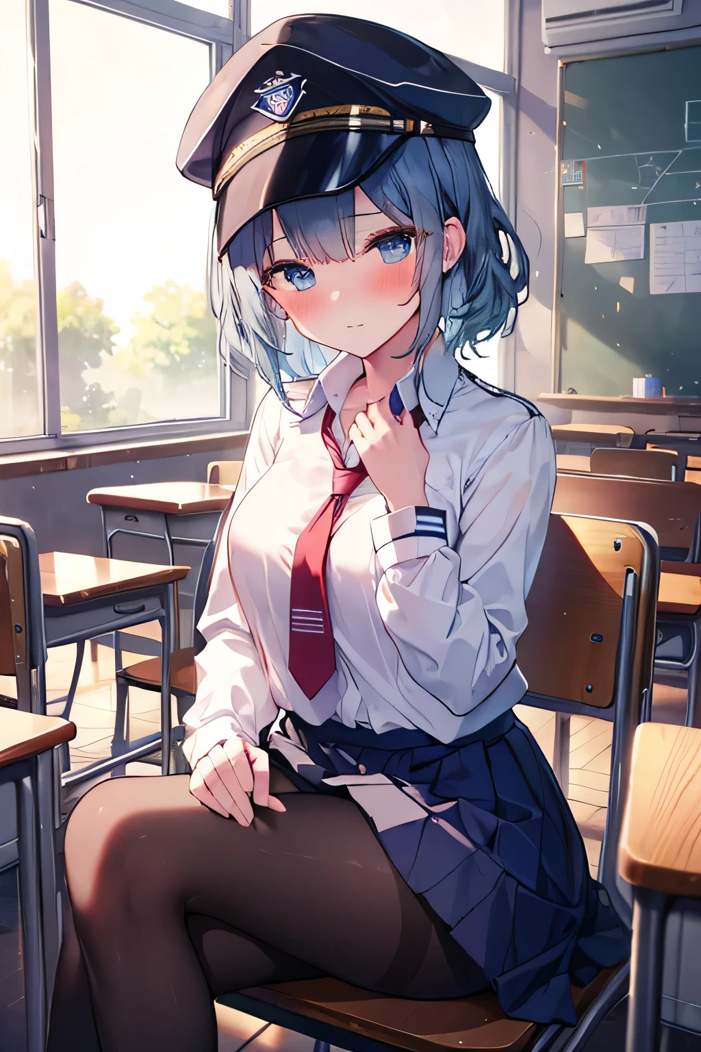 Blue haired girl, blue eyes, sports cap, sitting on a chair, crossing her legs, school background, school background(classroom), complete anatomy, school uniform, tie, shirt, skirt, pantyhose, blush, first person, Charm, underwear, great body.