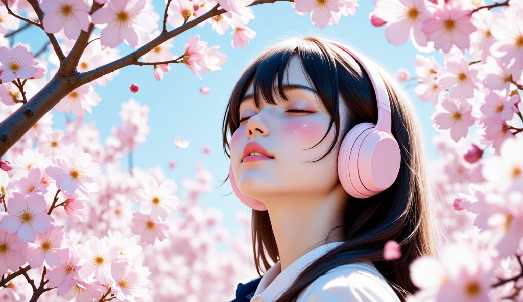 a girl taking nap in cherry blossom garden full of nature listening headphones with dairy