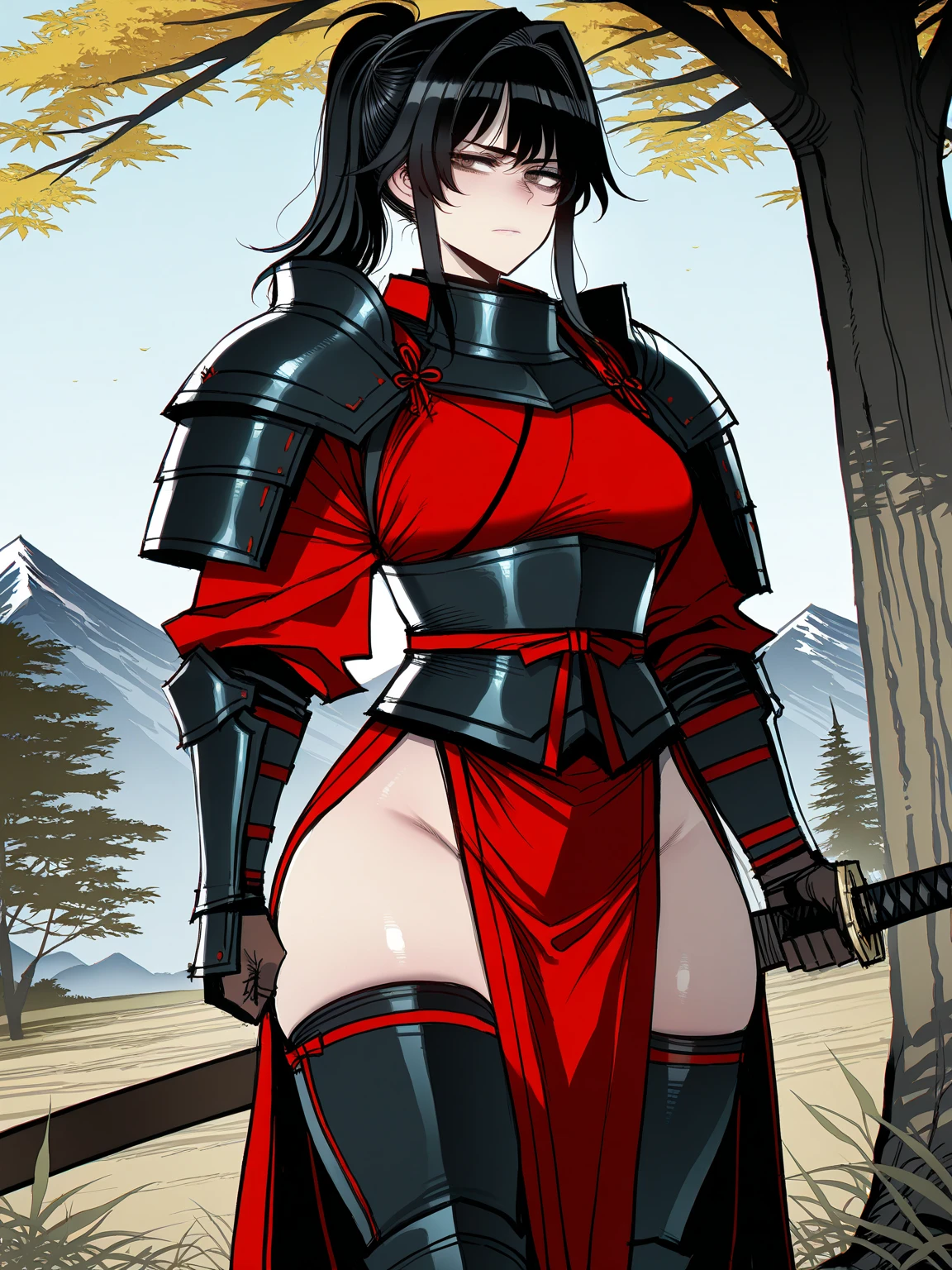 female knight　Red Armor　Torn white skirt　White underwear　Black Hair　battlefield　ponytail