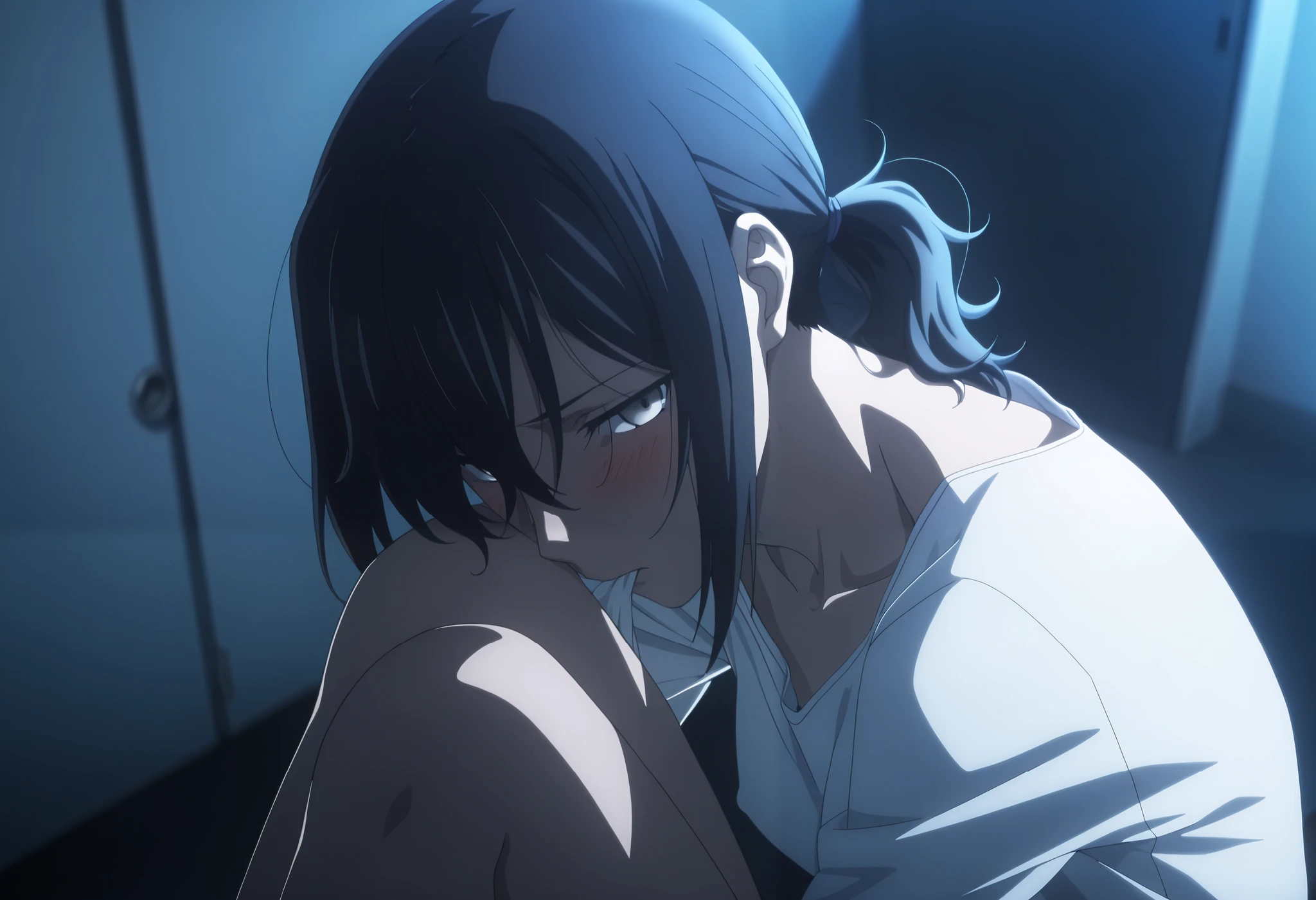 masterpiece, best quality, amazing quality, highres, absurdres, very aesthetic, high resolution, ultra detailed, perfect details, midnight, ,indoors, ufotable style, (blue hour), (from above, from side,),
1girl, solo, ufotable style, anime style, (anime coloring:1.5), (anime screencap:1.2) ,(aged up:1.4),
girl, mature, slim body, slender body, ,Fate Grand Order, fate, Fate Grand Order, medium hair, (straight hair, low ponytail), light gray eyes, half eyes closed, black hair, sitting, , (knees to chest), (biting), (show off nipple), undress undershirt, white satin panties, (small breast), (looking at viewer), , (embarrassed), blush,