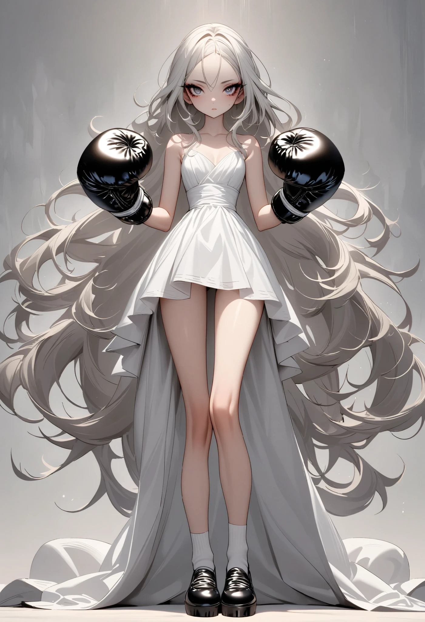 1 girl, is unique,Big eyes,, exquisite facial lines , dark eyeshadow ,set,Silver hair, thin waist, Extra Long Legs ,stand,Stand upright,socks,Shoes,boxing gloves