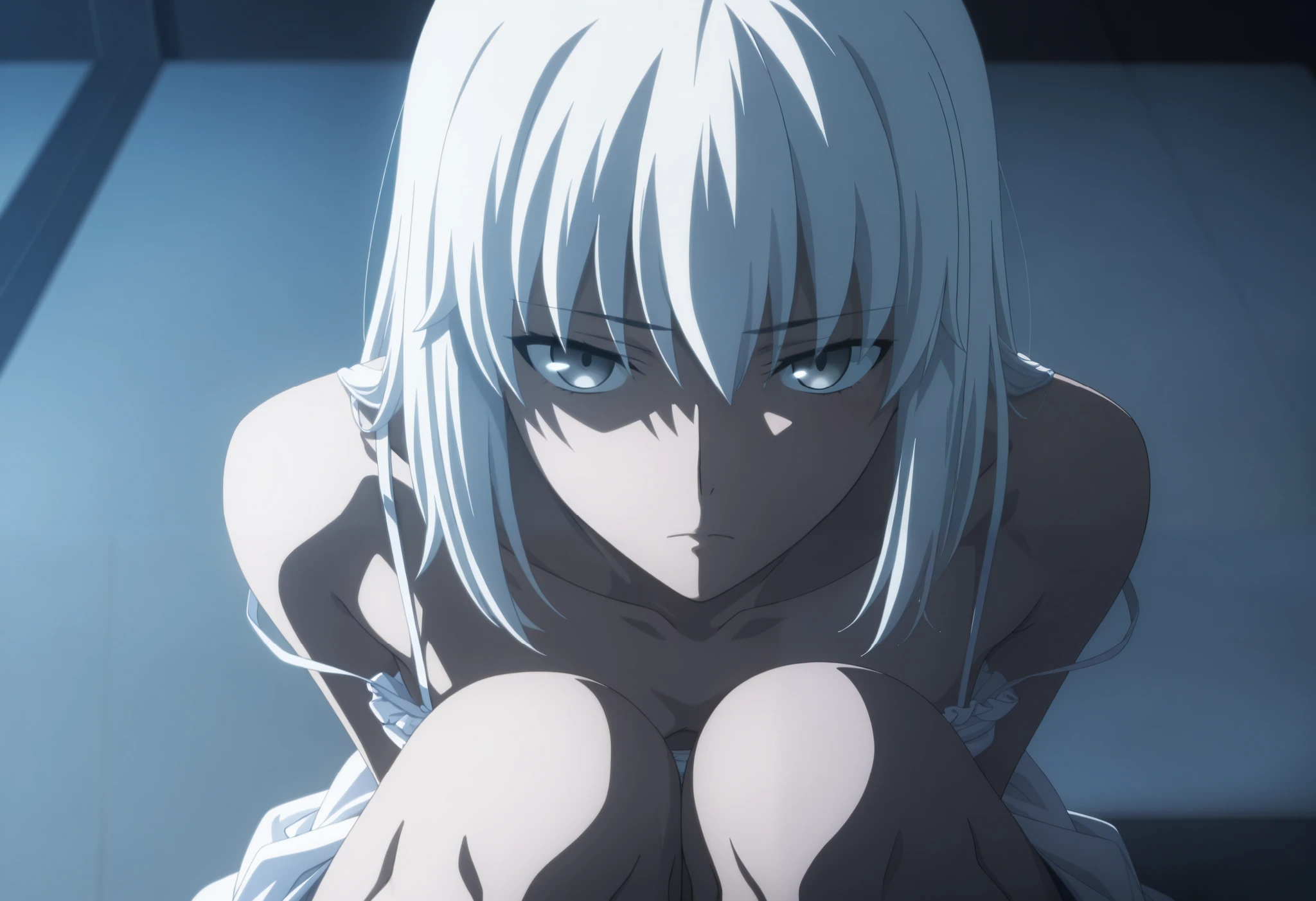 masterpiece, best quality, amazing quality, highres, absurdres, very aesthetic, high resolution, ultra detailed, perfect details, midnight, , indoors, ufotable style, (from above), ((from back)), blue hour,
1girl, ufotable style, anime style, (anime coloring:1.5), (anime screencap:1.2) ,(aged up),
girl, mature, slim body, slender body, ,Fate Grand Order, fate, Fate Grand Order, medium hair, gray eyes, half eyes closed, white hair, pale skin, (straight hair), sitting, , (knees to chest), ,
(show off nipple), sundress pull, white satin panties, small breast, (looking at viewer), expressionless, (embarrassed),