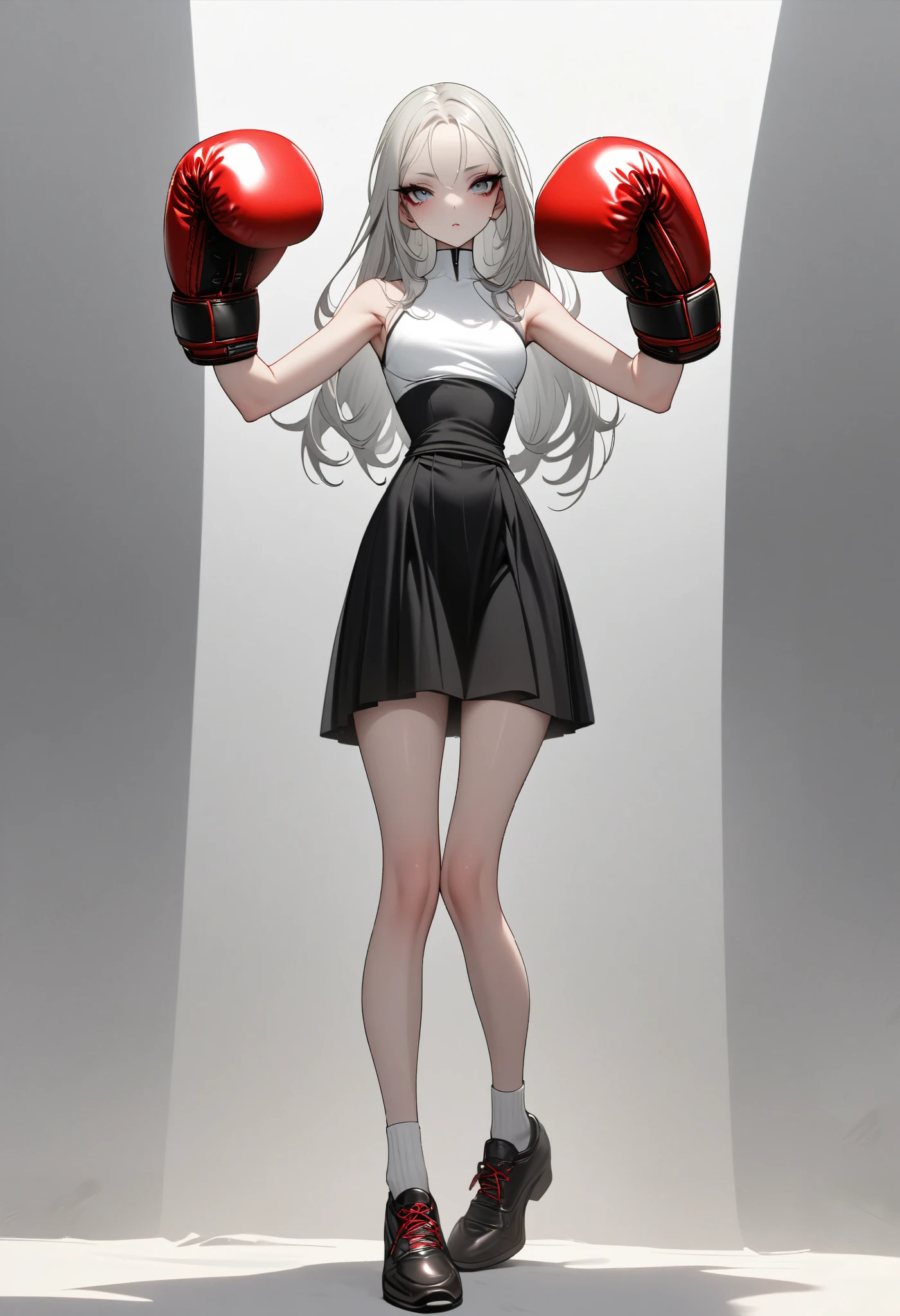 1 girl， is unique，Big eyes，, exquisite facial lines ， dark eyeshadow ，set，Silver hair， thin waist， Extra Long Legs ，stand，Stand upright，socks，Shoes，boxing gloves