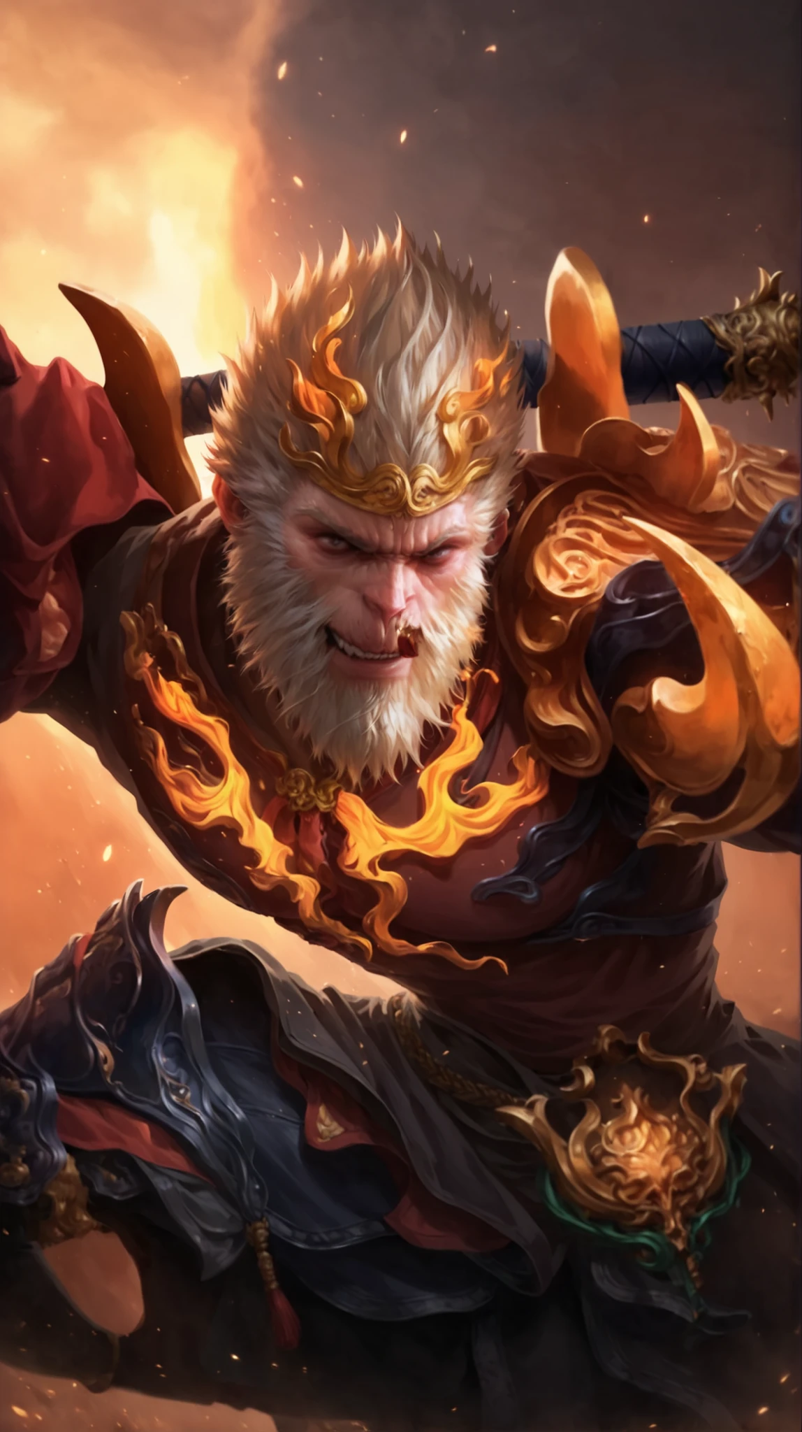 Positive prompts: score_9, score_8_up, score_7_up, score_6_up, BREAK source anime, 1boy, batting stance, Smirk, looking at the viewer, monkey king shiny armor, weapon, WU KONG, GOLDEN CUDGEL, HOLDING WEAPON, particles, divine energy emanating from his entire body, divine energy in the surroundings, magic aura, vista de 3 cuartos, desde arriba, On top of a mountain with magic energy all around