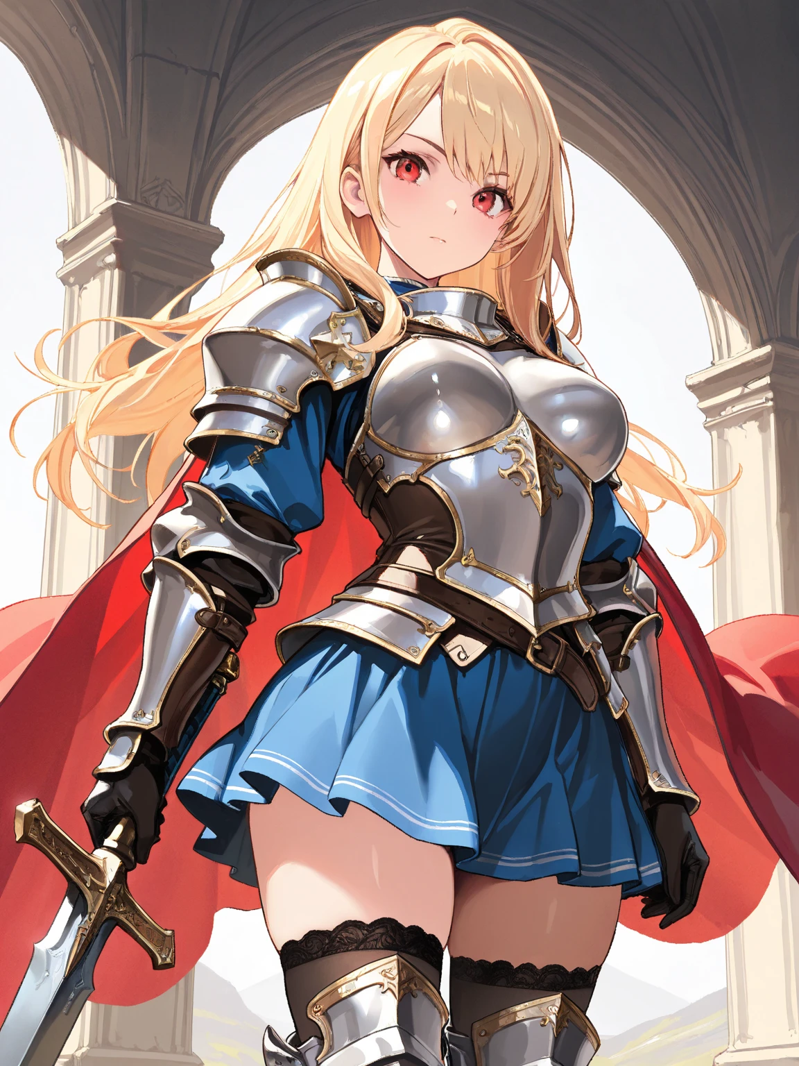 #Basics A girl is posing for a photo, animeのかわいい女の子, ((One Girl)), (((Baby Face:1.2)) + ((cute:1.3))),
break
#Clothing Accessories
((Silver and Blue)Quinceañera(Long skirt dress)Armor of:1.6) + (Red gems embedded in(Silver and Blue)breastplate:1.6), (Black Gauntlet:1.6), (Red cape with shoulder pads:1.6), (Silver and Blue)Combat Boots:1.4 (Has a big sword:1.4
((Luxury Silver Bracelets, large silver necklace, Silver Tiara)),
break
#Features
(((blonde:1.6)), Bangs that expose the forehead:1.4, Chest-length sideburns:1.4 + Curly Hair:1.4, (Long Hair : Long Hair + Curly Hair + Rolled up + Plump and voluminous + very thick hair + Large black ribbon)),
(Droopy eyes,blue eyes), (Small breasts),
break
#Performance
(smile:1.5),
#background environment
((noon, sunlight + Castles in a fantasy world:1.4)),
#composition
((To the camera, Dynamic pose:1.4, Cowboy Shot)),
break
#Body parts elements
(Detailed Hair, Beautiful Hair, Shiny Hair),
(double eyelid, Long eyelashes),
(細かい目のPerformance, Beautiful and delicate eyes, Sparkling eyes, Eye Reflexes),
(Human Ear),
(Beautiful Nose, Thin Nose),
(Glossy Lips, Beautiful Lips, Thick lips), (Symmetrical facial features),
(Detailed skin, Textured skin, Beautiful Skin),
break
#quality
(((最高quality)), ((masterpiece)), ((Very detailed))), ((High resolution), (16K,1080P)),
(Realistic), (Anatomically correct),
((comics, anime)), (3DCG), CG illustration,