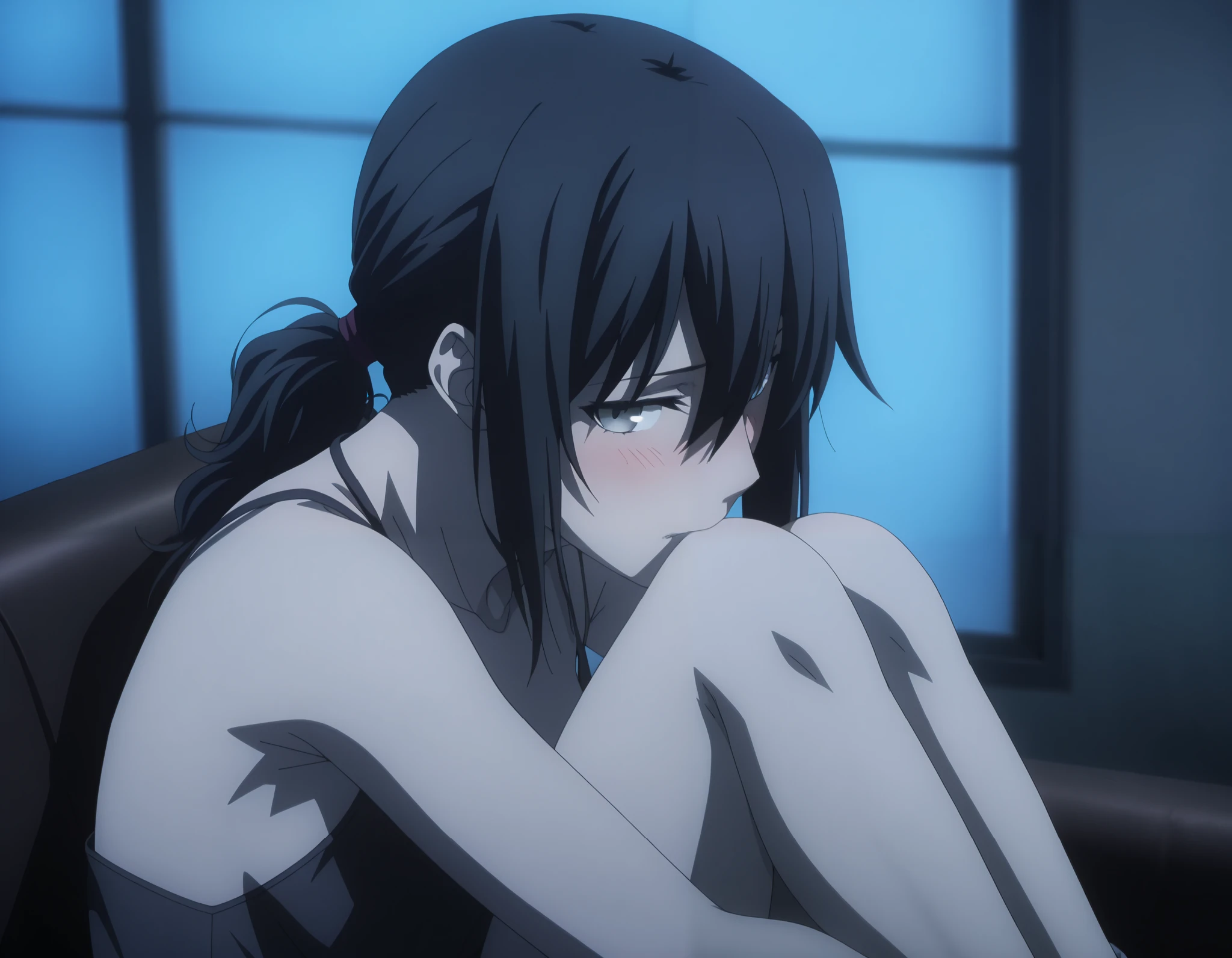 masterpiece, best quality, amazing quality, highres, absurdres, very aesthetic, high resolution, ultra detailed, perfect details, midnight, ,indoors, ufotable style, (blue hour), (from side), from above, ,
1girl, solo, ufotable style, anime style, (anime coloring:1.5), (anime screencap:1.2) ,(aged up:1.4),
girl, mature, slim body, slender body, ,Fate Grand Order, fate, Fate Grand Order, medium hair, (straight hair, low ponytail), light gray eyes, half eyes closed, black hair, sitting, , (knees to chest), (biting), (show off nipple), undress undershirt, white satin panties, (small breast), (looking at viewer), , (embarrassed), blush,