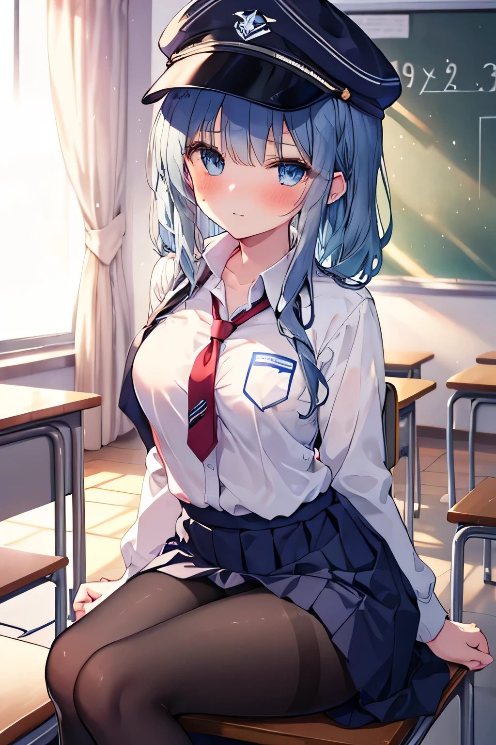 Blue haired girl, blue eyes, sports cap, sitting on a chair, crossing her legs, school background, school background(classroom), complete anatomy, school uniform, tie, shirt, skirt, pantyhose, blush, first person, Charm, underwear, great body.