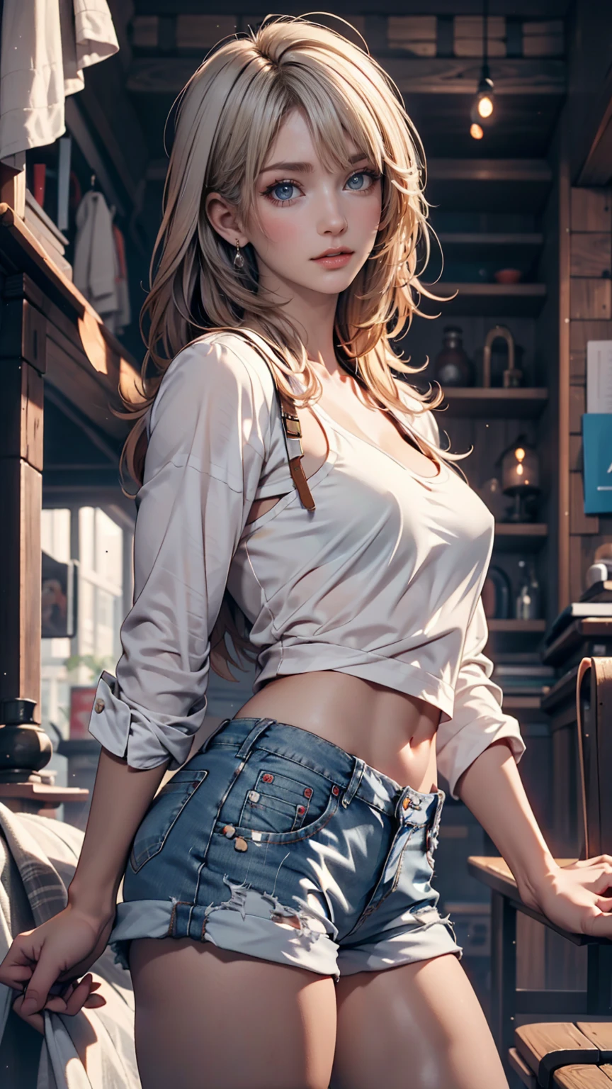 19-year-old Caucasian female、Blonde、Wear off-the-shoulder tops、I can see my belly button、Wear low rise skinny jeans、Teenager's room(((Cute accessories)))、(((computer)))、The wall color is pastel blue、(((Playing the guitar)))、smile