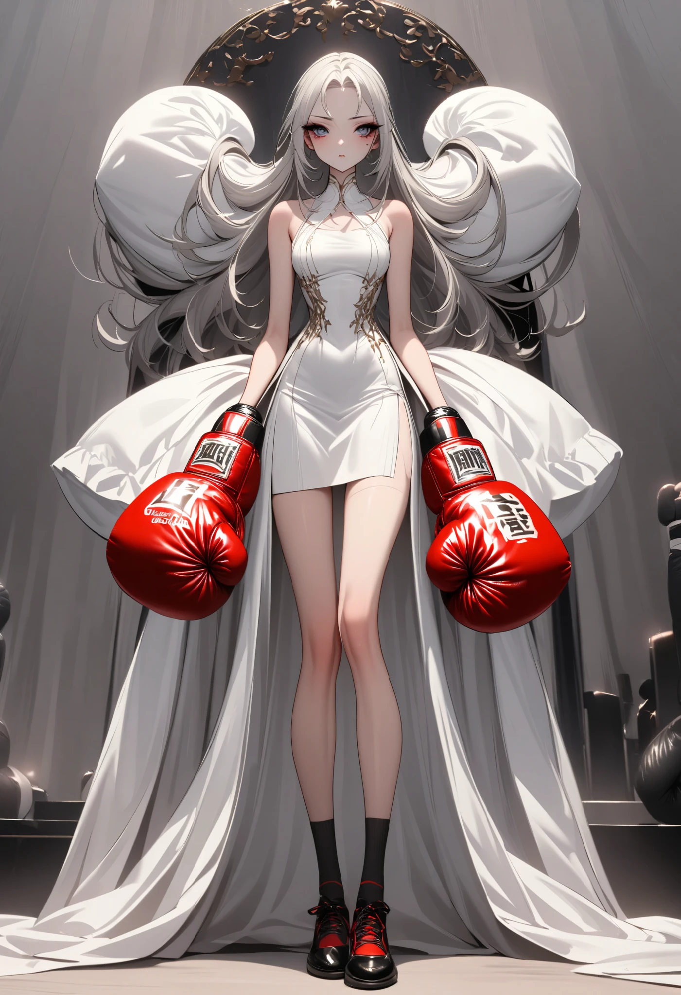 1 girl, is unique,Big eyes,, exquisite facial lines , dark eyeshadow ,set,Silver hair, thin waist, Extra Long Legs ,stand,Stand upright,socks,Shoes,boxing gloves