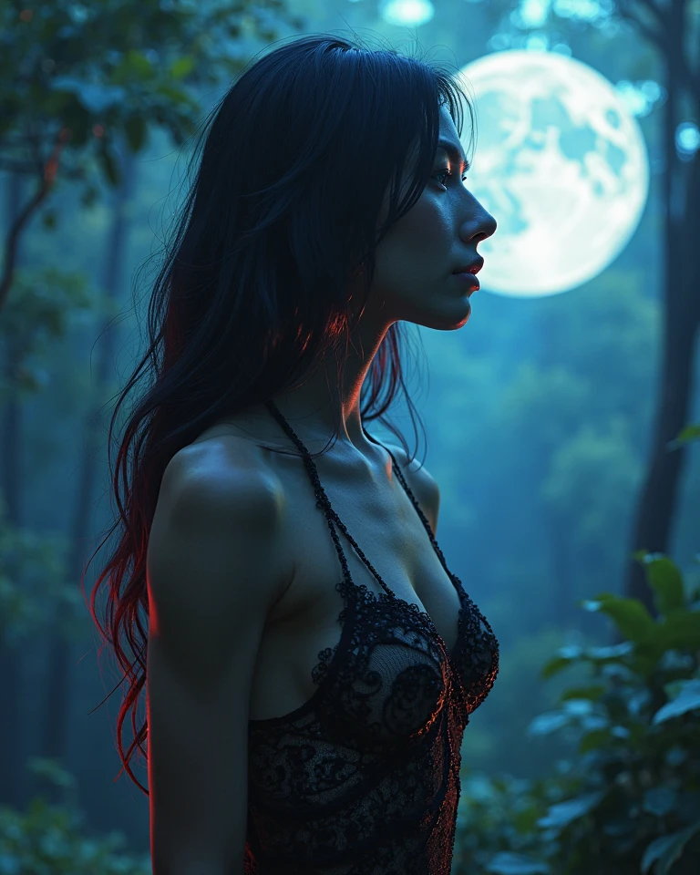 In the middle of the night, in an eerie marshland with bottomless swamps lurking here and there, a vicious femme fatale with peerless beauty exposes her beautiful buttocks in the moonlight and gives an evil seductive smile in profile, luring you into a pit of death leading to an abyss where the flames of hell are rising right before your eyes., nsfw, perfectly beautiful body, super detailed skin, glossy skin, Beautifully detailed mouth, beautifully detailed teeth, beautifully detailed fangs, beautifully detailed tongue, beautifully detailed lips, masterpiece, incredibly absurd res, absolutely resolution, ultra high res,