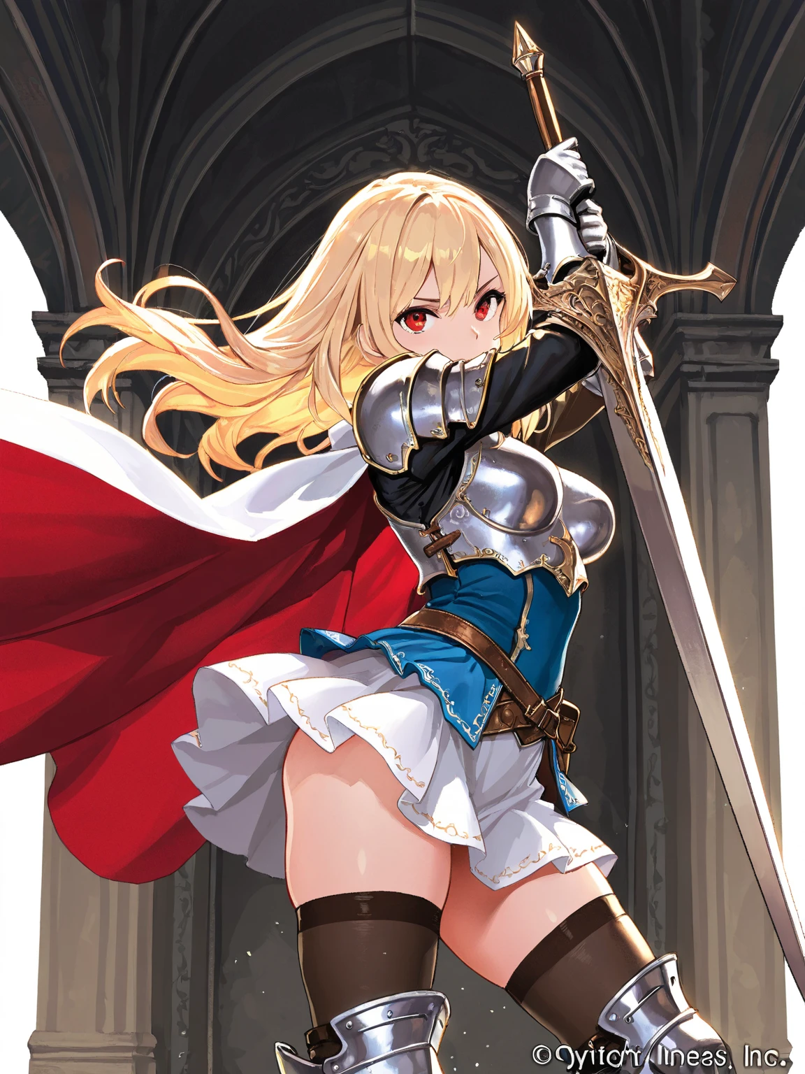 Masterpiece, Best quality, 1girl, solo, long-hair, thighhighs, breasts, striped, blonde-hair, flower, blue-eyes, rose, striped-thighhighs, full-body, dress, looking-at-viewer, blush, tiara, detached-sleeves, cleavage, big-breasts, holding, bare-shoulders, closed-mouth, black-footwear, white-dress, standing, red-rose, hand-on-hip, bow, bangs, very-long-hair, ahoge, red-flower, hair-between-eyes, gauntlets, halterneck, red-bow, frills, shoes, skirt, footwear-bow, armpits, flag, antenna-hair, criss-cross-halter, weapon, collarbone, clothing-cutout, crown, floral-print, headpiece, ((exposed navel)), short skirt, shield