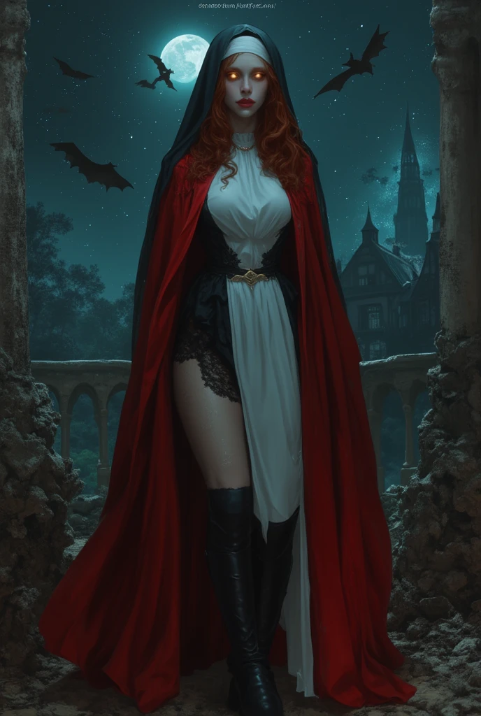 Vampire, girl, smaller chest, white hair, pale skin, red and black royal outfit and cape, large black bat wings, dark nighttime, blood moon in background, blood red eyes, bloodlusted
