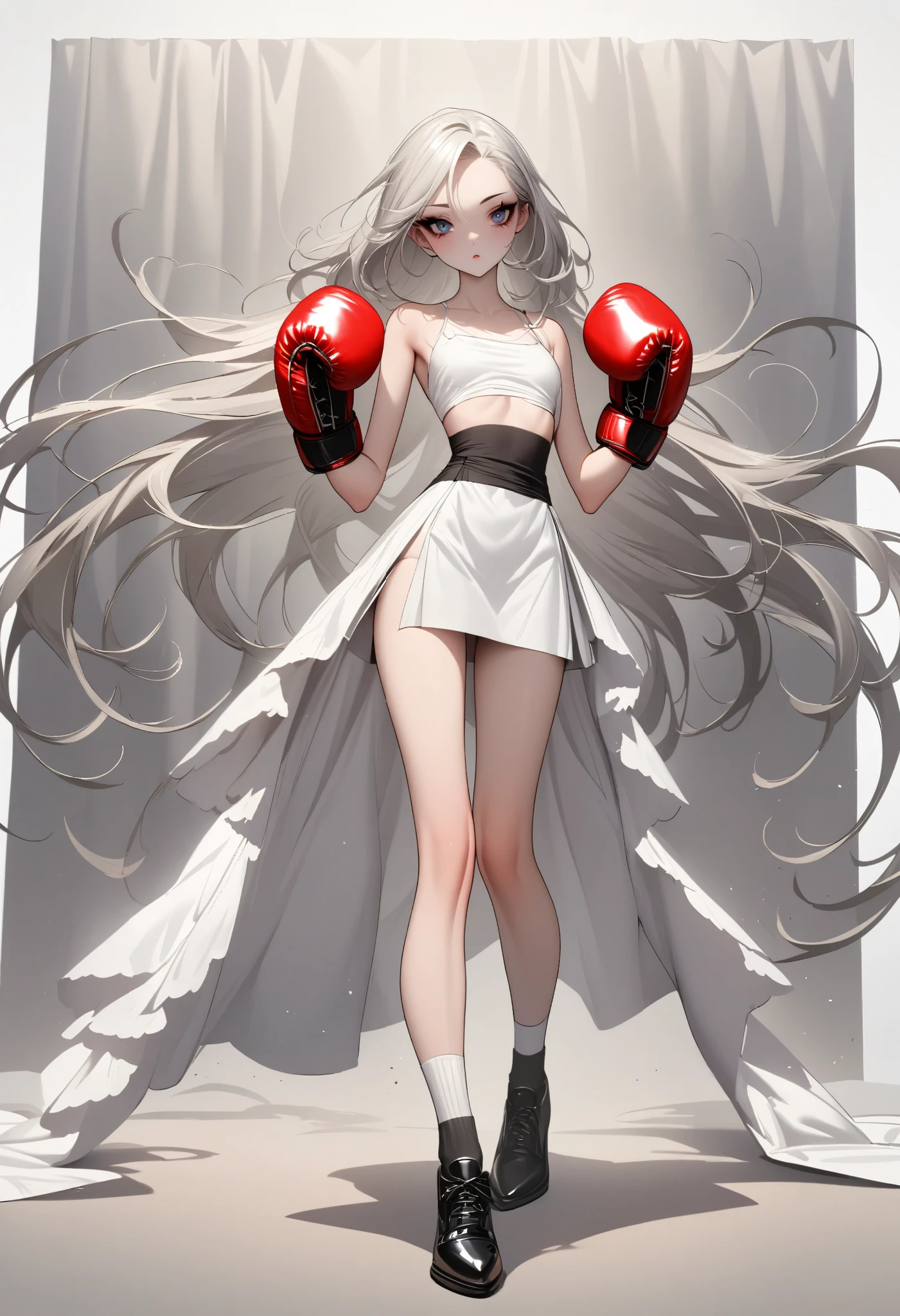 1 girl, is unique,Big eyes,, exquisite facial lines , dark eyeshadow ,set,Silver hair, thin waist, Extra Long Legs ,stand,Stand upright,socks,Shoes,boxing gloves