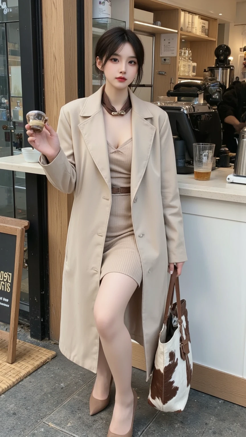 masterpiece, (highest quality:1.2), [:intricate details:0.2], 1 girl, big breasts, sparkling aura,  crackling energy, sparkling moat,wavy hair,look at the viewer,full body shot,gorgeous look,put on a coat,handbag，Portrait,Tropical Sun