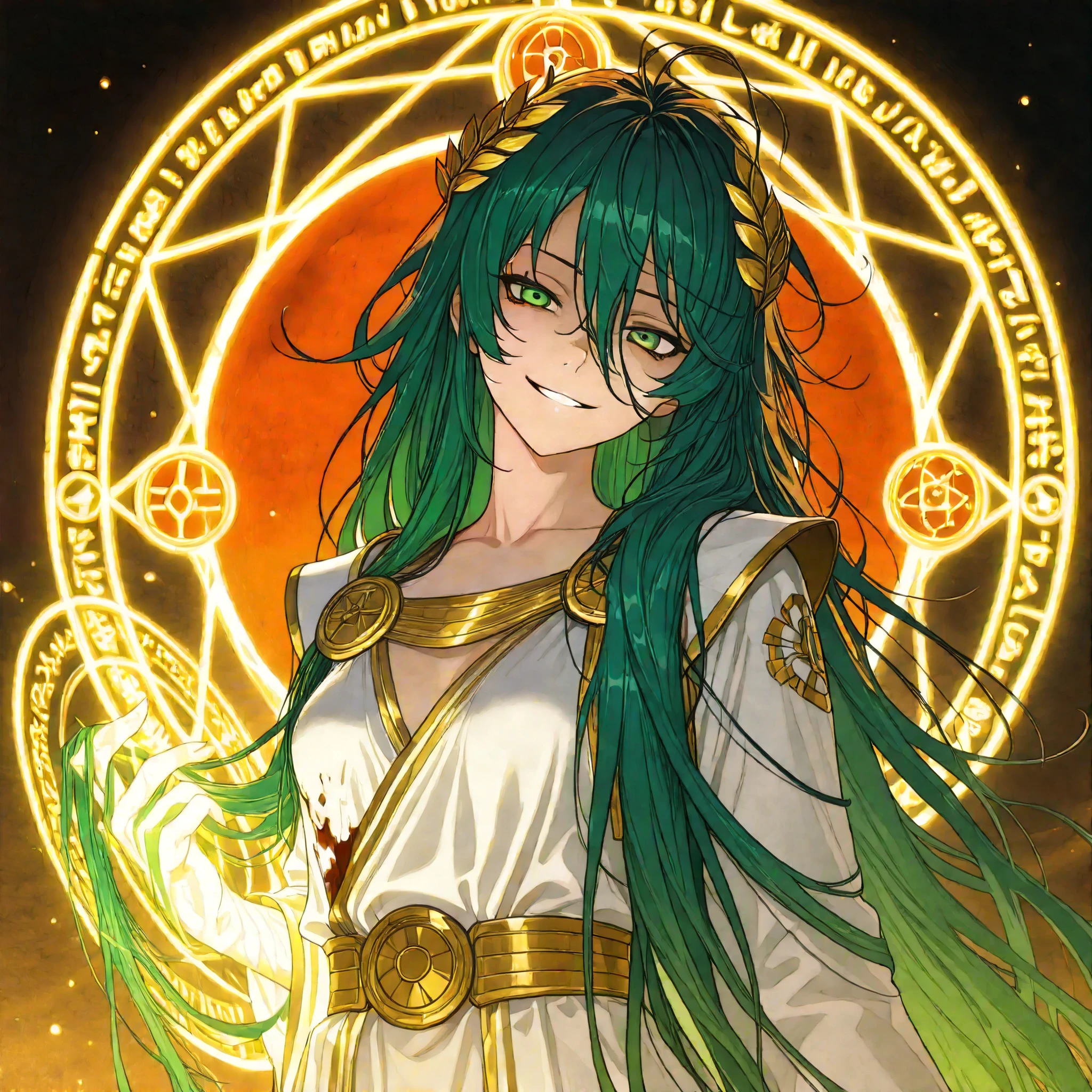 (upper body shot, close up shot, solo:1.0), glowing aura, glowing body, photorealistic anime, extremely detailed, detailed background,magic circle,magic array, detailxl, Anime illustration, detailed anime artstyle, cinematic, volumetric lighting, aurora, massive magical aura, warm light, colorful, light reflection, (head tilt, looking over her shoulder, teasing, death glare, death stare, flirty, romantic, french, royalty, sultry:1.0), (glaring at viewer, side eye, looking at viewer, head tilted upwards:0.97), (1girl:1.08), (young adult, divine beauty, divine warrior:1.4), adolescent, detailed skin, extremely detailed eyes, dynamic pose, armor, green hair, very long hair, (messy hair, hair flowing in the wind:1.77), green eyes, golden eyes, (wild hair, unruly hair, long hair, crazy smile, yandere, gesugao, tsurime:1.1), (uniform, royal assassin, magical warrior, white royal dress, white armor, delicate clothes, royal ornate greek dress, black and gold trimming, black and gold lining:1.13), laurel crown, ((assassin:1.2) french dress, blood stained clothes:1.2), bloody sun, red sun, warrioress, goddess, god of war, bringer of destruction, small breasts, magic, wielding magic,