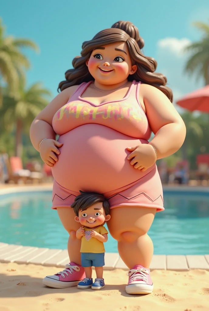 cartoon，Middle-aged women（Mature female）Sit on the boy's lap，Sticking out tongue with joy, Hers is a boy&#39;s，It is shooting out，And leave it on the woman&#39;s thigh, This woman has a big ass and big breasts, she is wearing a bikini，Revealing her figure, Mom and son