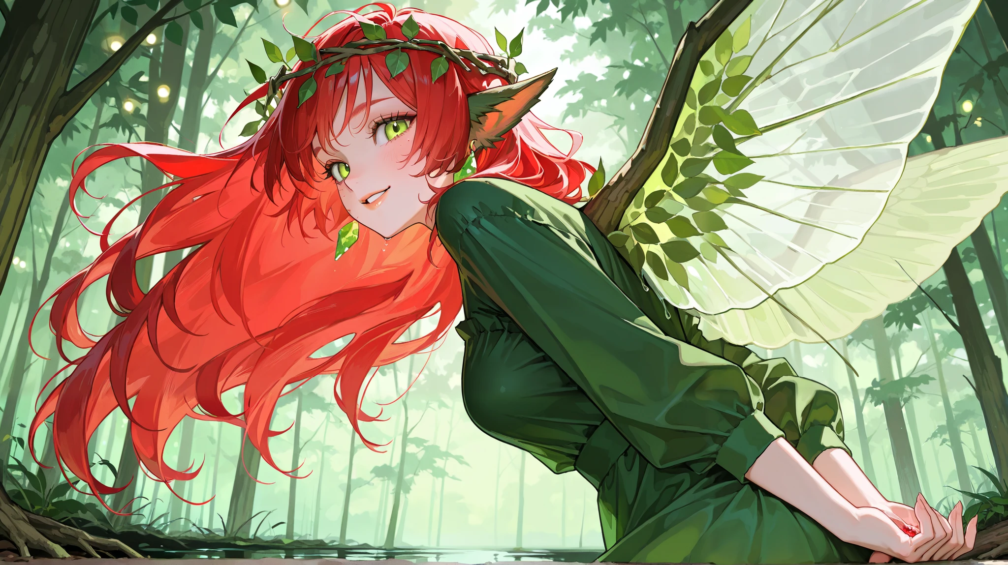 Girl with long bright red hair, fluttering in the wind, without bangs,  bright green eyes, Glass retina, green dress, wreath of leaves and flowers big plump lips,  slightly ajar , place your finger on your lower lip, looks at the viewer, ajar lips , rosy cheeks,   turn red,   smile, embarrassment and happiness, shine, bottom view, best quality, Glass retina, leaves, tree bark on the background, swamp, marsh lights, dryad druid, sharp ears, green stone earrings, wings behind the back,  in profile .