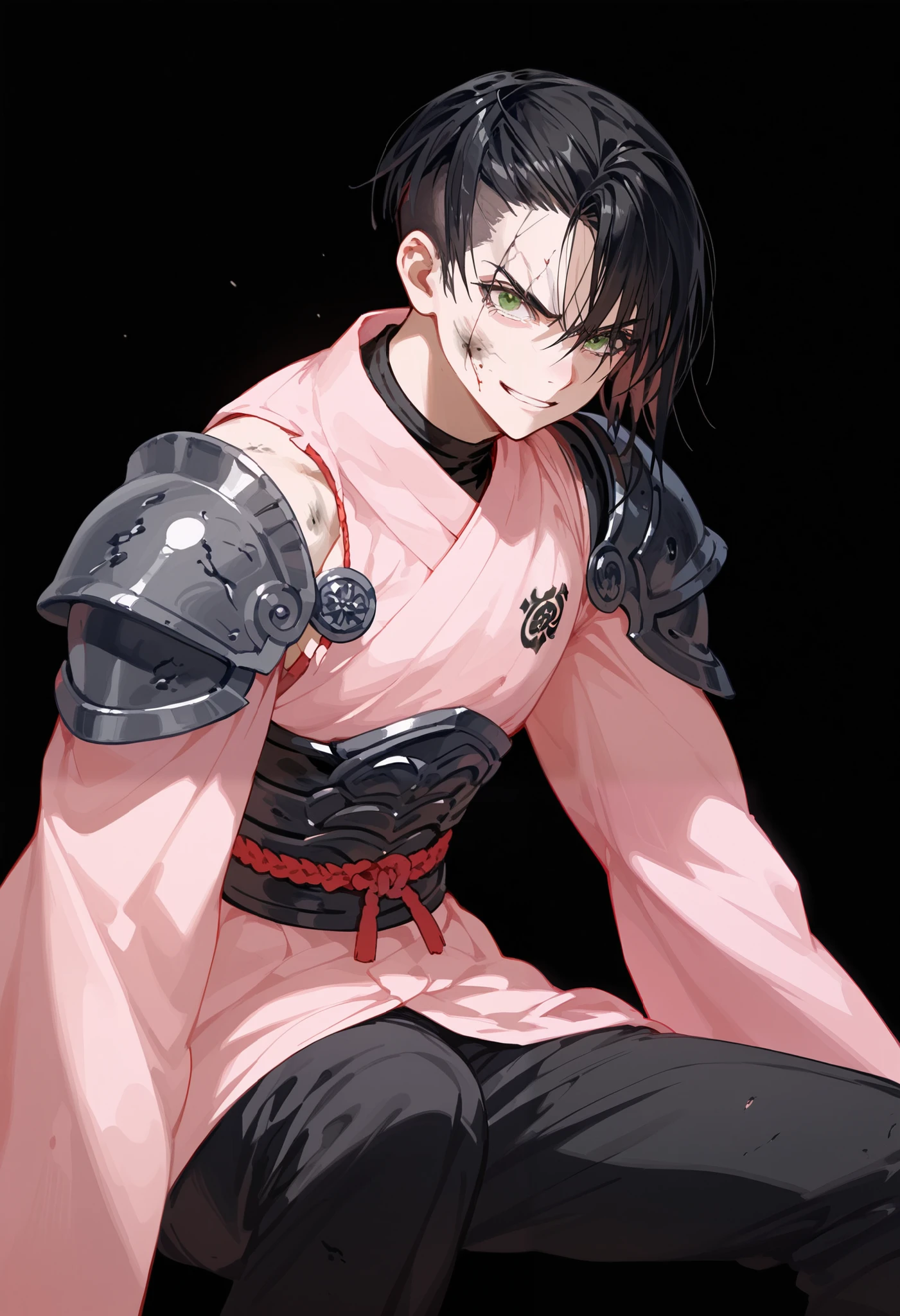 ,man, black hair,in dark green eyes,Shoulder armor,Samurai Ponytail,Pink Samurai Armor,Dress broken ,Damaged Armor,sit,Shadow on the face,dirty,Black Background,sitชันเข่า,smile,slim, berserk,Black Samurai Pants,awesome,Furious,Long Sleeve Black, thin, dry , Momotaro ,Very thin,Pink kimono, femboy ,wig ,Bounty Badge, undercut hair,smileร้าย,Villains,Stunning ,
