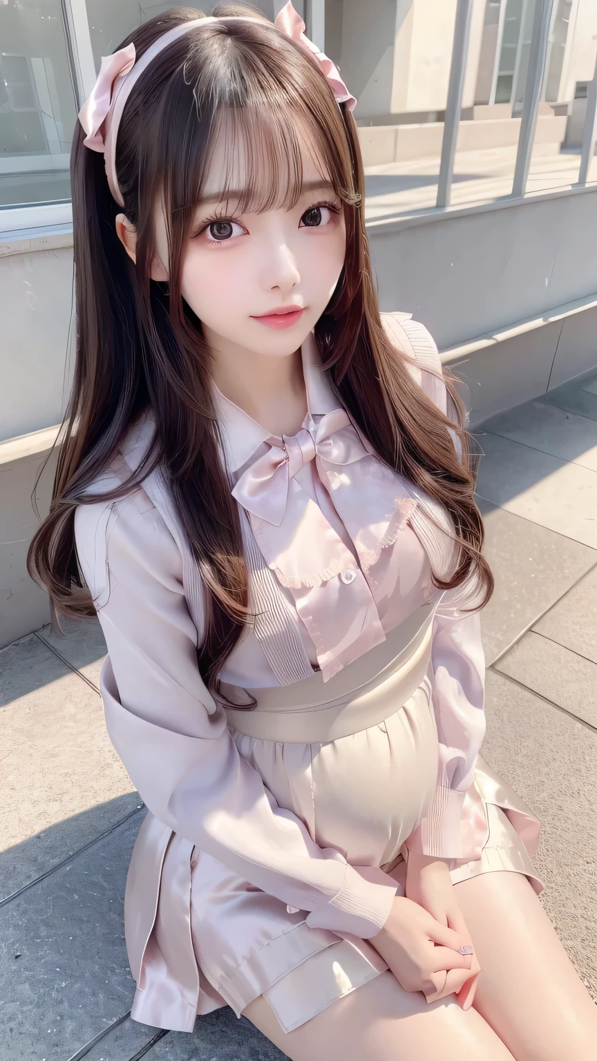 (highest quality, 32K, High Resolution, masterpiece:1.5, ), memorable pictures in abstract style , ((in dreamy pastel colors and soft light)), evokes serene serenity and elusive beauty, Extremely Rich Emotional Expression , Rich imagination , cute Japanese girl, full body, Unexpected angle, very beautiful face, Magical big eyes, Side Face Looking Up at the Sky with a Gentle Smile , Motherhood and generosity, Overflowing Love , ((shiny brown hair)), Beautifully Styled Ultra Long Silk Hair , asymmetric bang , Between the eyebrows, Clear, Soft White Skin , Neat , thin eyebrows, double eyelids, Details of Pale Pink Lips , (A cute satin high school uniform、miniskirt:1.5),(bow ties)、 High Resolution perfect collarbone, High Resolution beautiful bust, Slender Body with Rich Breasts , High Resolutionの美しい太もも, Morning Brook , Gentle sunlight, professional lighting, Professional Photographer, professional model with deep resolution, mystical 、(Pregnant women)、(exposes her chest:1.5)