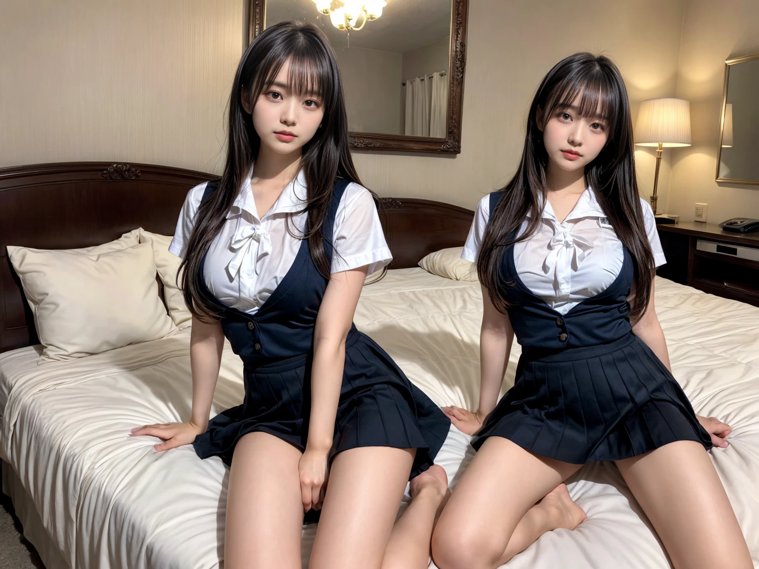 (8K, Raw photography, top-quality, ​masterpiece:1.2), master piece, best quality, illustration, Super detailed, fine details, High resolution, 8K,wall paper, perfect dynamic composition,(Details High quality, realistic depiction of eyes:1.3), ((2 girls, 2 schoolgirls)), The background is a luxury hotel room、High school girl uniform、Super Short Check Uniform Skirt、Navy blue high socks、garterbelts、Colossal tits、Disturbed uniform, Play with each other,Touching each other's bodies,Touching the body of the girl next door, short bob hair, black hair color, huge breasts, Big Natural Color Lip, bold sexy pose, (perfect body shape), crying a little、cold gaze,  Beautiful makeup,glitter makeup,Cutest 18 years old, beautiful legs, hposing Gravure Idol, Voluptuous thighs