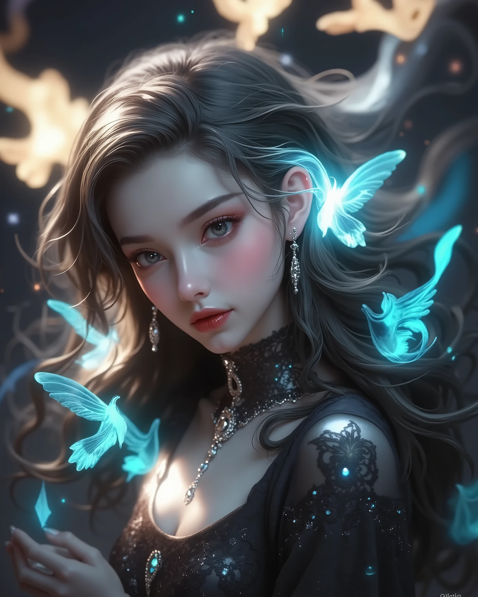 (masterpiece:1.4), (intricate:1.2), (detailed:1.2), (vibrant colors:1.2), BREAK,
(fantasy:1.2), (blue and white:1.3), (dynamic pose:1.2), (from below:1.0), BREAK,
(elven priestess:1.4), (solo:1.4), (beautiful:1.2), (dainty:1.2), (white robe:1.2), (long white hair:1.2), (dancing:1.3), (smiling:1.2), (windy:1.2), (barefoot:1.0), (glowing blue eyes:1.2), BREAK,
(outside:1.2), (starry night:1.2), (enchanted forest:1.2), (snow:1.4), (ice:1.2), (blue glowing butterflies:1.2),