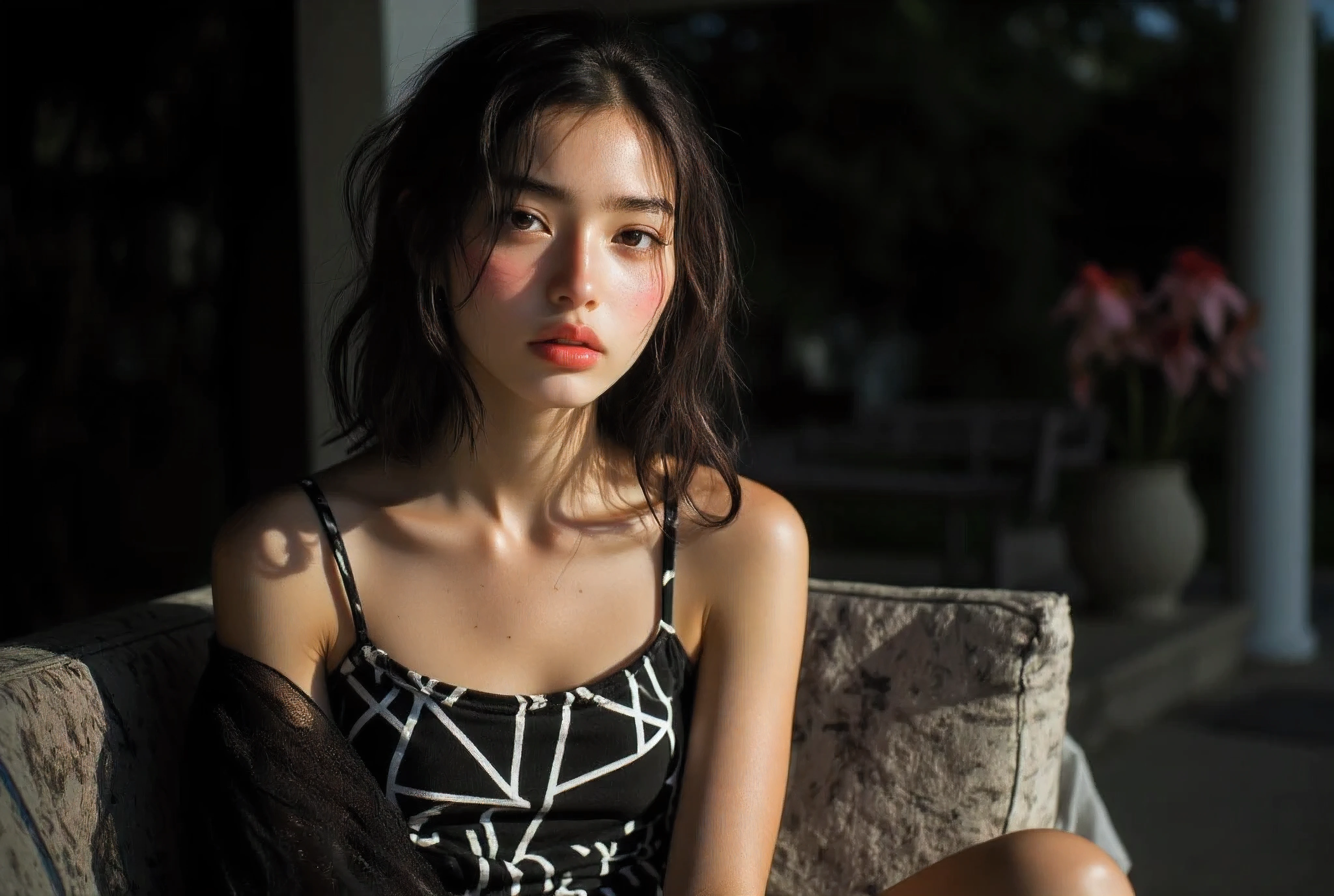 (Large prominent perky breasts squeezing together to show cleavage) Flash photography, gyaru, Aesthetically pleasing cinematic composition, epic perspective, dramatic lighting and shadows, symmetrical and detailed, Cute girl with small perky breasts in a black and white geometric print summer dress at the veranda at her home during evening relaxing in the outdoor couch, Metro Manila, philippines, Evening, nighttime, Cute tan brown-skinned Filipina-korean goth girl, Cute and adorable milf mommy wearing her sexy and alluring Cute girl in a black and white anime summer dress at the veranda at home during sunset relaxing in the outdoor couch fit athletic toned sexy fit and athletic Filipina-korean woman, tan skin photorealistic and life-like taken from a Leica m9 50mm 1.2, lowlight photography, 4kPhoto_PDXL Photorealistic, 30 years old , Filipina brown skinned pacific islander Spanish mix girl, high resolution, life-like details, Freckles, moles, simple and elegant demeanor, lovely and ethereal face, Photorealistic and life-like skin texture, lovely kissable pouting lips, sexy sensual and alluring seductive pose , realistic,life-like skin texture,symmetrical,aesthetically pleasing,cinematic composition,detailed portrait,photorealistic,masterpiece,ultra-detailed,sharp focus,physically-based rendering,extreme detail description,professional,vivid colors,high resolution,4K,studio lighting,dramatic lighting,dramatic shadows,dramatic atmosphere,dramatic background,dramatic pose,cinematic framing,cinematic lighting,cinematic camera angle,cinematic depth of field,mood 1girl Cozy bedroom , 4kPhoto_PDXL Photorealistic, 12-years old , Filipina brown skinned pacific islander Spanish mix girl, high resolution, life-like details, Freckles, moles, simple and elegant demeanor, lovely and ethereal face, Photorealistic and life-like skin texture