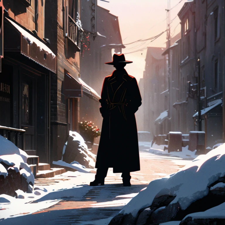 (best quality,8k,highres, masterpiece:1.2), (Silhouette art),ultra-detailed, HDR, UHD, studio lighting, ultra-fine painting, sharp focus, physically-based rendering, extreme detail description, professional, vivid colors, bokeh, portraits, concept artists, warm color palette, dramatic lighting,(Silhouette art) A man standing under a streetlight, wearing a hat and a trench coat, holding a single red rose bud, in an empty street, with brick buildings, and snow piling up.