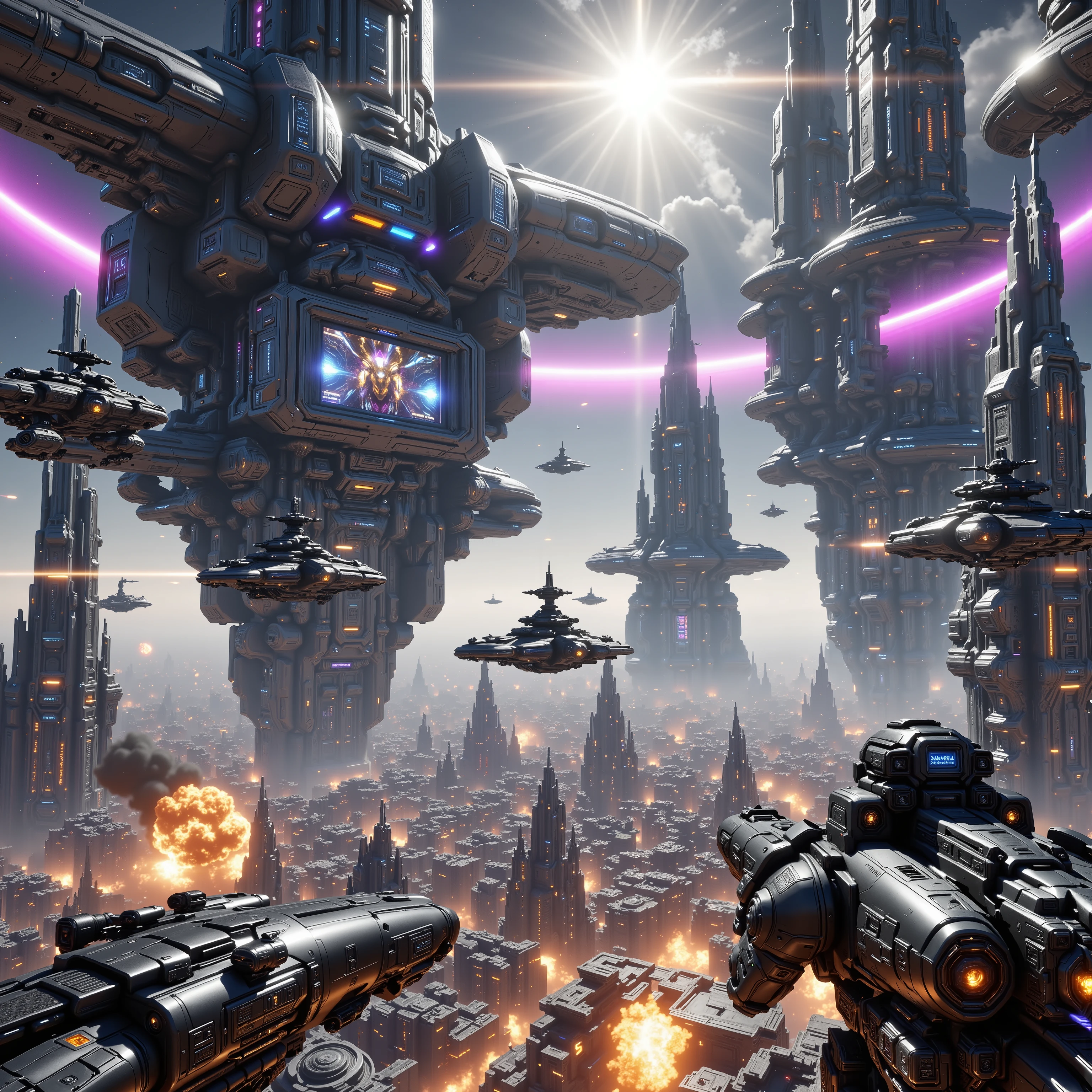 futuristic 3( best quality, 4k, 8k, highres, masterpiece:1.2, photorealistic, photo-realistic:1.37,) highly detailed futuristic cybercity, towering skyscrapers with gleaming metal facades, neon-lit streets bustling with advanced hover cars, holographic billboards, flying drones, advanced robotic citizens, glowing energy fields, towering spires reaching into a hazy, chrome-tinted sky, intricate machinery and technology woven throughout the urban landscape, a sense of awe-inspiring scale and technological innovation. 3 small war spacecraft come into view and shoot at buildings and skyscrapers, causing explosions, fire, massive confusion, and panic. Soldiers with futuristic weapons fight back. Ultra-realistic, realistic, full focus ultra-detailed, cinematography, cinematic photography, cinematic lighting, cinematic portrait, portrait photography, cinematic, hyperrealistic, masterpiece