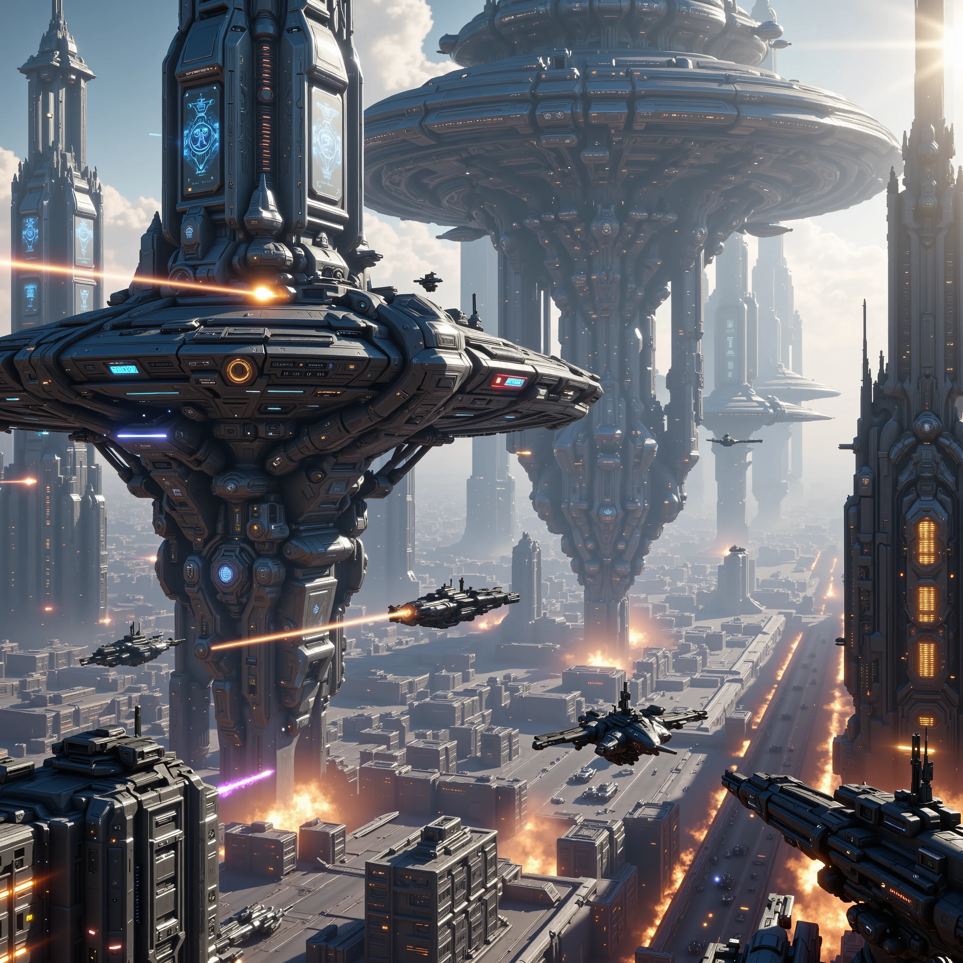 futuristic 3( best quality, 4k, 8k, highres, masterpiece:1.2, photorealistic, photo-realistic:1.37,) highly detailed futuristic cybercity, towering skyscrapers with gleaming metal facades, neon-lit streets bustling with advanced hover cars, holographic billboards, flying drones, advanced robotic citizens, glowing energy fields, towering spires reaching into a hazy, chrome-tinted sky, intricate machinery and technology woven throughout the urban landscape, a sense of awe-inspiring scale and technological innovation. 3 small war spacecraft come into view and shoot at buildings and skyscrapers, causing explosions, fire, massive confusion, and panic. Soldiers with futuristic weapons fight back. Ultra-realistic, realistic, full focus ultra-detailed, cinematography, cinematic photography, cinematic lighting, cinematic portrait, portrait photography, cinematic, hyperrealistic, masterpiece