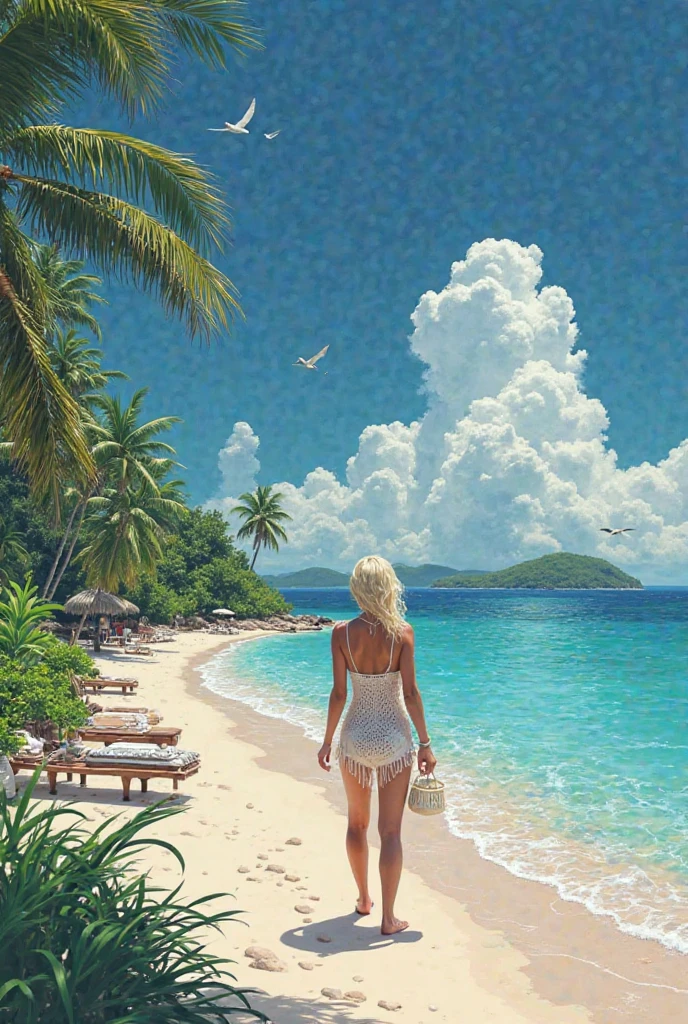 1 A glamorous woman striding gracefully in a fashionable swimsuit, In front of a luxurious white hotel, Breathtaking deep blue sea and white beaches, soft shadow behind, The beauty of a cinematic scene, The golden light of the sun shines, surrounding beauty、nature, Create a gouache illustration, Visually stunning elegance and sophistication, Stunning brush strokes and rendering, Evoking the essence of quality reality,