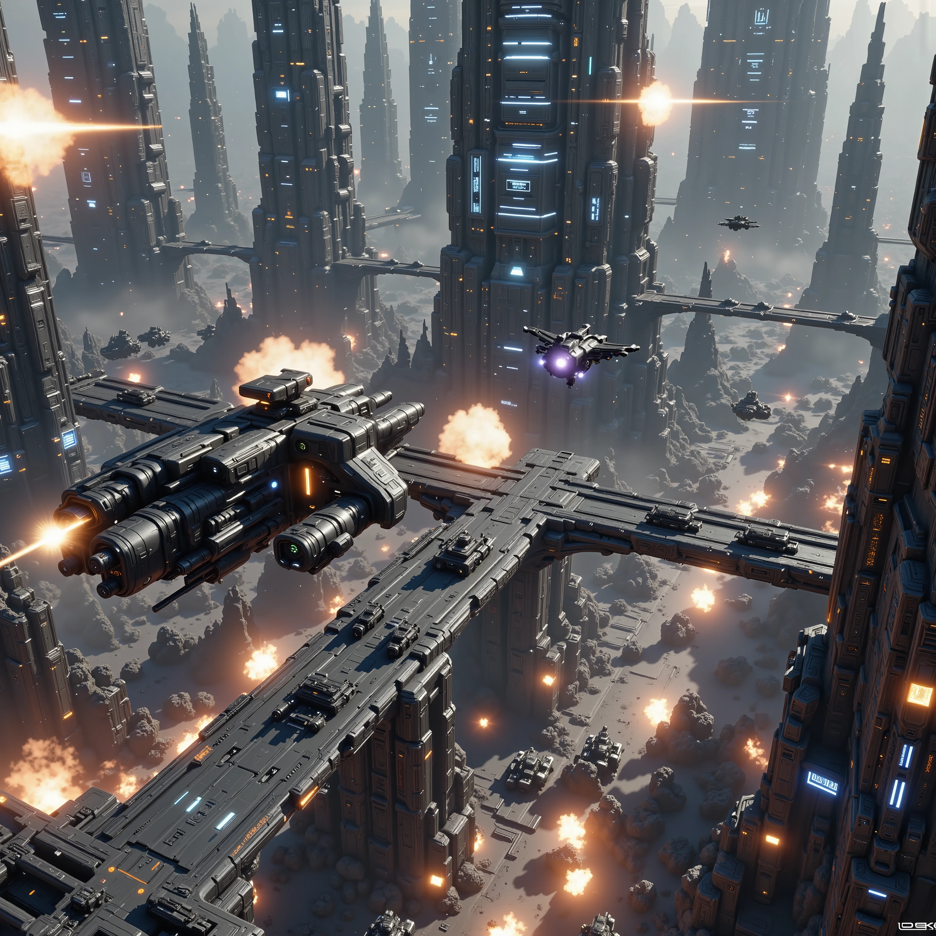 futuristic 3( best quality, 4k, 8k, highres, masterpiece:1.2, photorealistic, photo-realistic:1.37,) highly detailed futuristic cybercity, towering skyscrapers with gleaming metal facades, neon-lit streets bustling with advanced hover cars, holographic billboards, flying drones, advanced robotic citizens, glowing energy fields, towering spires reaching into a hazy, chrome-tinted sky, intricate machinery and technology woven throughout the urban landscape, a sense of awe-inspiring scale and technological innovation. 3 small war spacecraft come into view and shoot at buildings and skyscrapers, causing explosions, fire, massive confusion, and panic. Soldiers with futuristic weapons fight back. Ultra-realistic, realistic, full focus ultra-detailed, cinematography, cinematic photography, cinematic lighting, cinematic portrait, portrait photography, cinematic, hyperrealistic, masterpiece