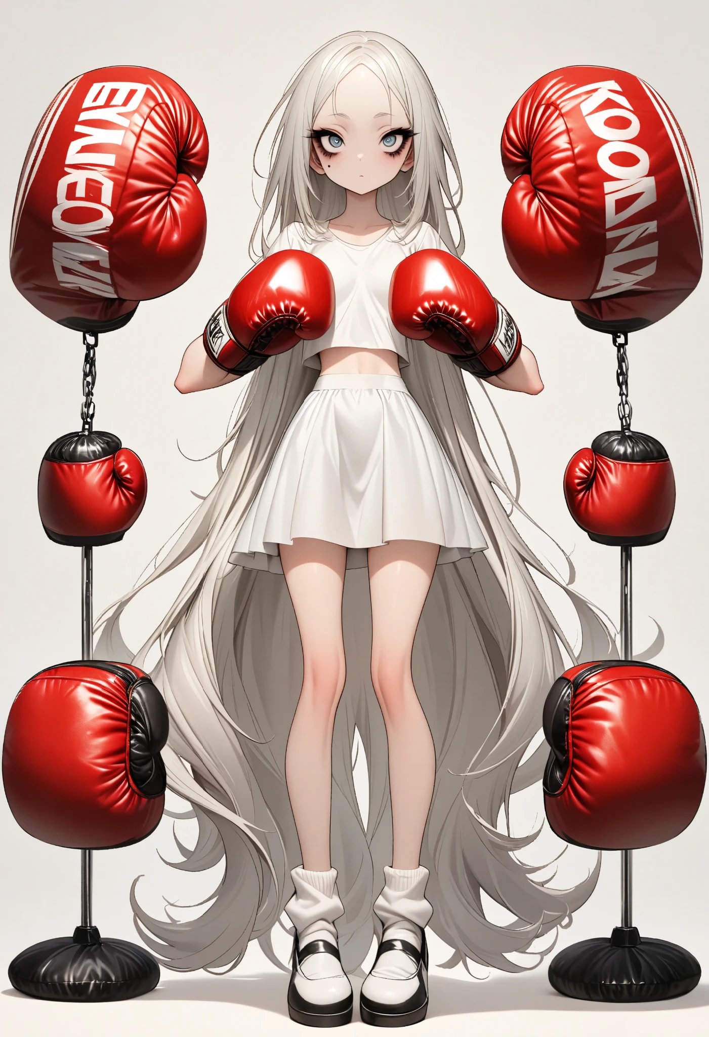 1 girl, is unique,Big eyes,, exquisite facial lines , dark eyeshadow ,set,Silver hair, thin waist, Extra Long Legs ,stand,Stand upright,socks,Shoes,boxing gloves, white background