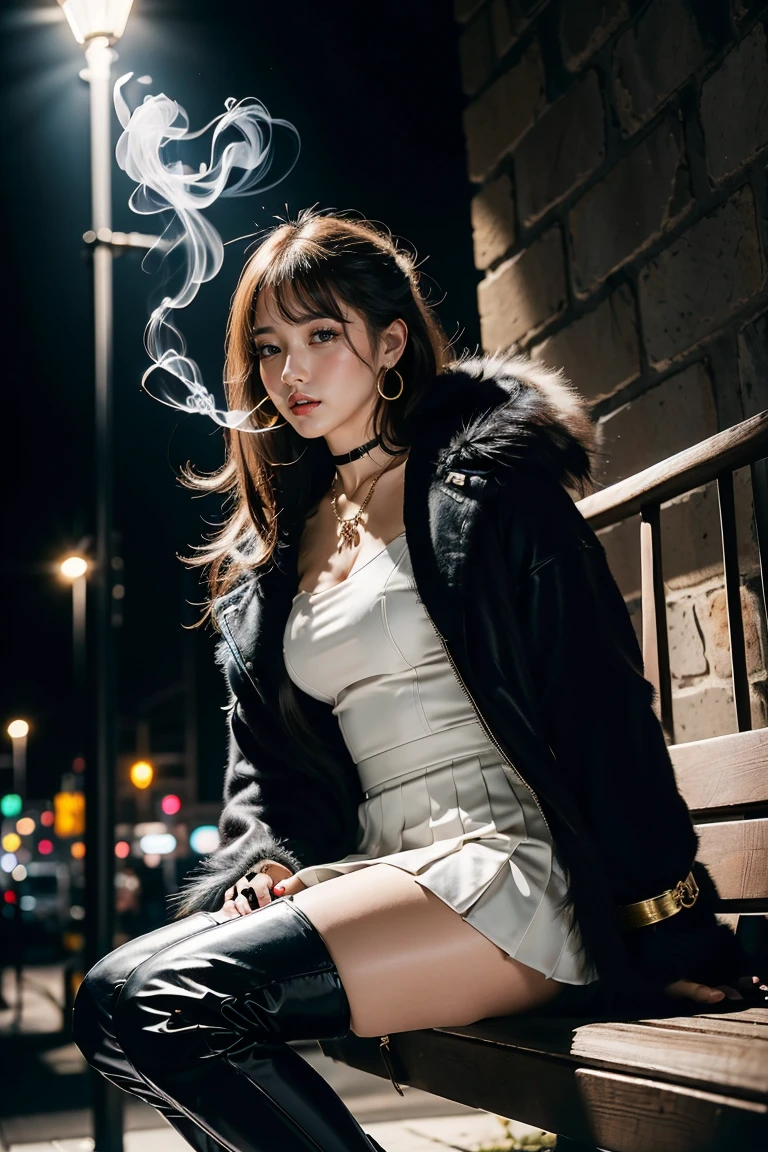 8k, top-quality, (pubic hair beauty)、hight resolution, 逼真, realperson, backyard alley, London Style, Tangled, cinematic lighting soft lighting、A musician wearing a leather jacket is sitting and glaring at me.、a beauty girl、huge tit、beauty legs、guitar