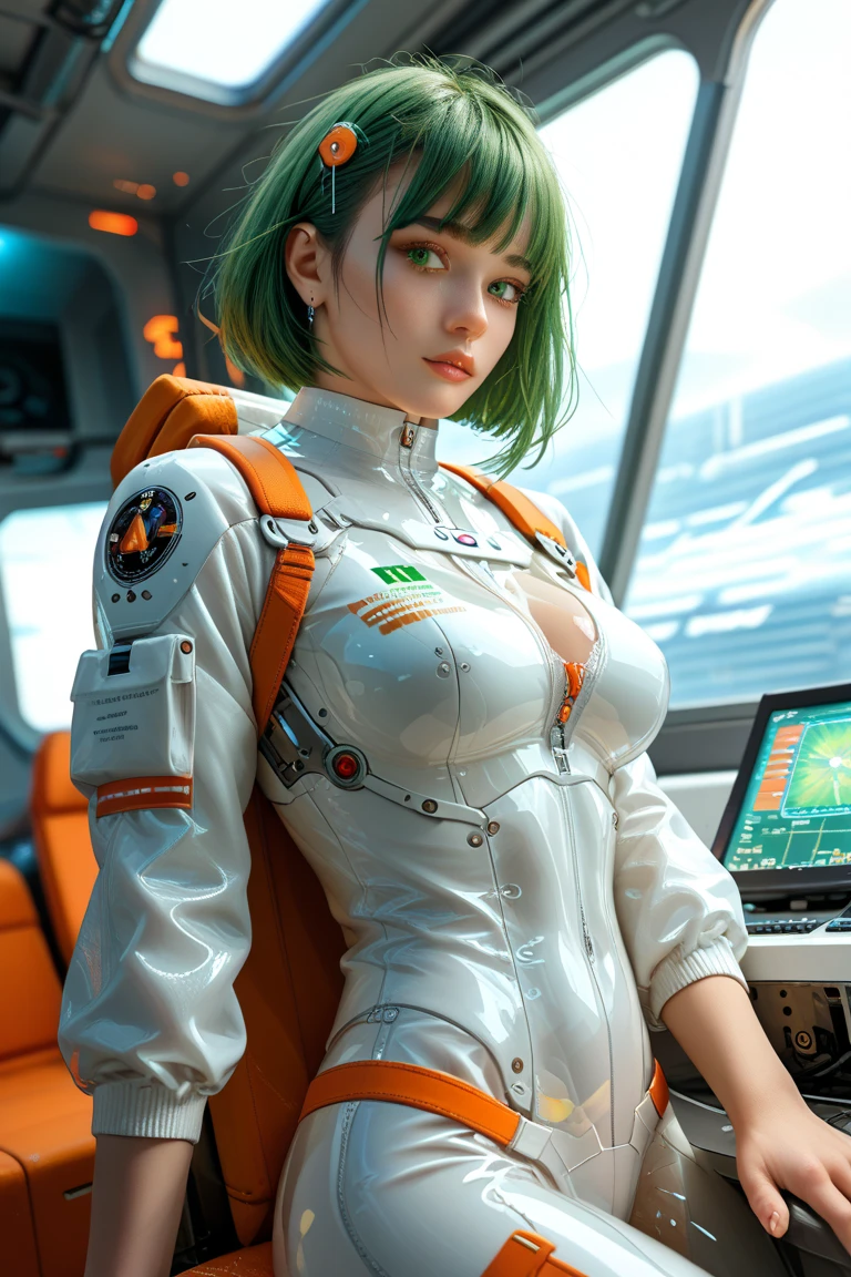 (masterpiece, best quality, 1girl, solo), portrait, detailed eyes, sexy, cleavage, (huge breasts:1.5), short green hairs, ((undercut)), fitness, space suit, green eyes, smile, <lora:more_details:0.5>,  space on background
