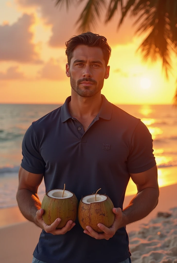 (photorealism: 1.2), handsome Cuban man, beautiful and athletic body, standing next to a beach bed, the bed is made of wood with beige cushions, under a guano umbrella, dark skin color, curly hair, with a green short, holding with his left hand and drinking a can of beer, the can is green, the can has no signs, it is on the beach, in a sunset, natural light with a beautiful Cuban woman, beautiful body, sitting on the beach bed, the bed is made of wood with beige cushions, under a guano umbrella, dark skin color, curly hair, wearing green shorts, holding with her left hand and drinking a beer can, the can is green, the can has no signs, it is on the beach, in a sunset, natural light