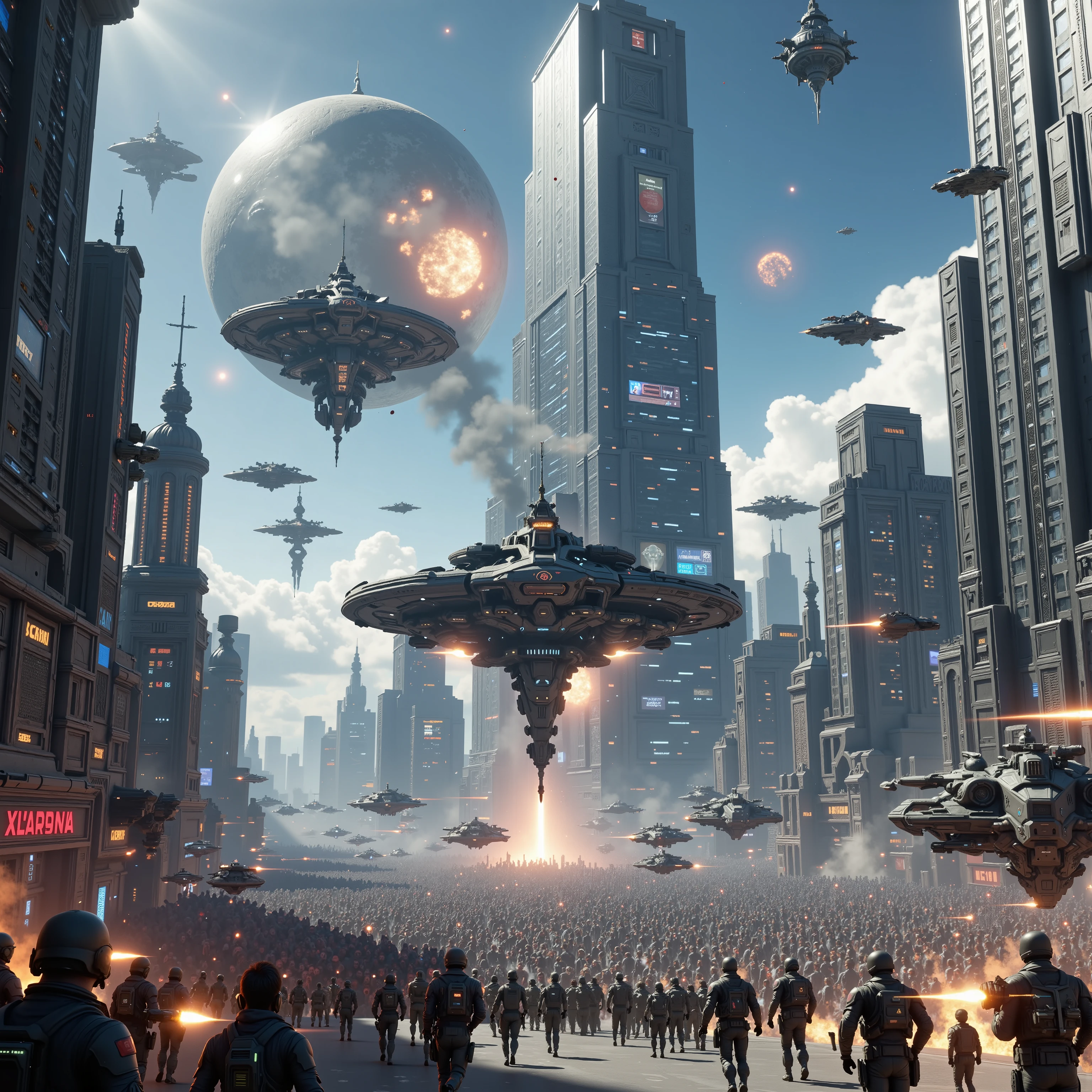 Futuristic 2 (Best quality,4k,8k,highres,masterpiece:1.2), photorealistic,photo-realistic:1.37),highly detailed futuristic cybercity. Skyscrapers with media screens for windows reach high into a clear blue sky. A giant war craft has crashed into a skyscraper, leaving panic and mayhem down below. People running, fires burning, smoke coming from everywhere in the building. Other flying crafts come in and shoot at the crowds of people running from the building. Rebel soldiers fight back with rocket launchers from the ground and in buildings across from the crash site. Ultra-realistic, photo-realistic, ultra-detailed, insane 3D realism, cinematic photography, cinematic lighting, cinematic portrait, portrait photography, cinematography, full focus, UHDR, hyperrealistic, startling, stunning images, awe-inspiringly, surrealism, etheral, futuristic, cyberpunk cityscape, futurism, highest quality, masterpiece.