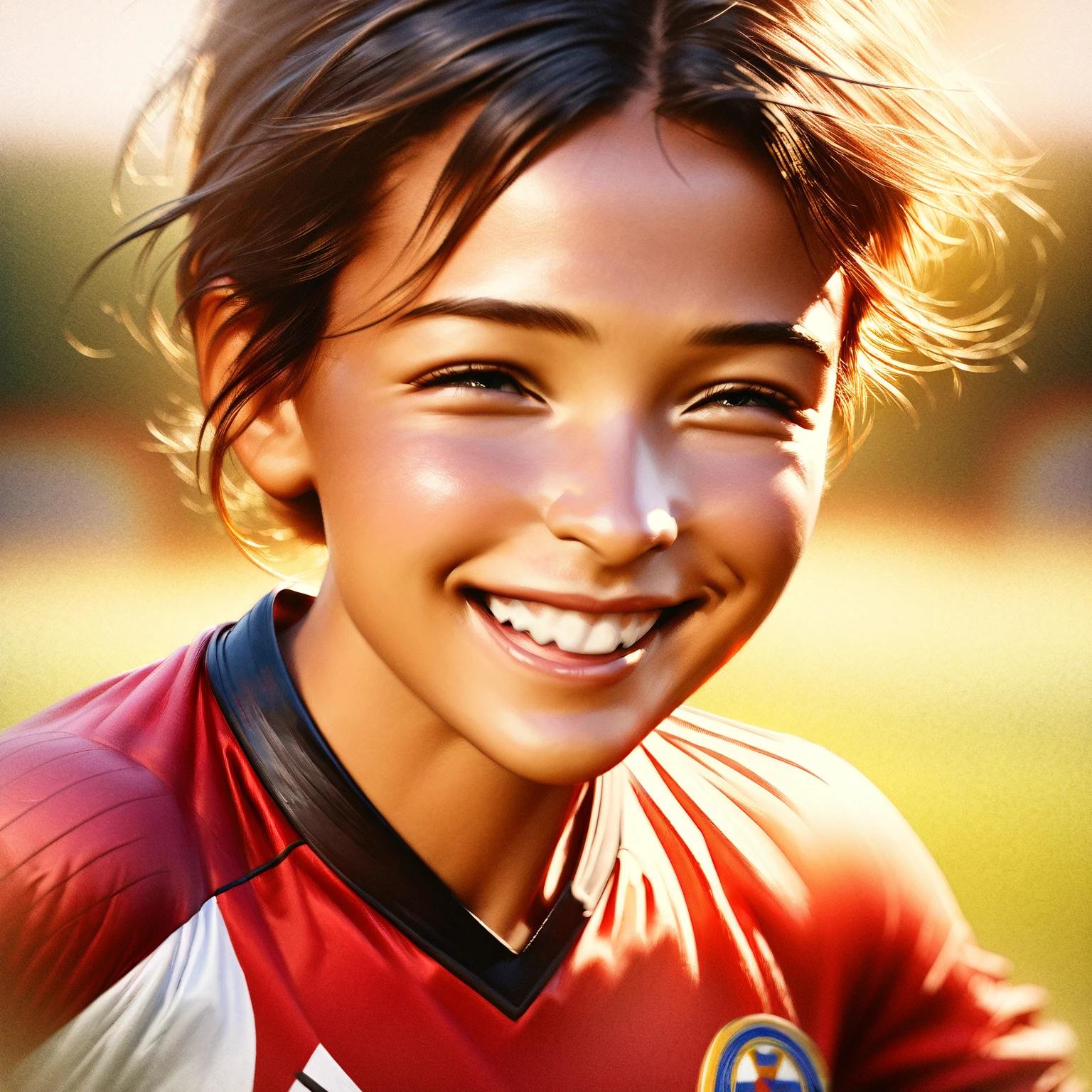 (grey background:1.5, close shot:1), (photorealistic:1.4), (best quality:1.0), (ultra highres:1.0), 8k, RAW photo, (masterpiece:0.2), 1girl, beautiful skin, detailed skin, big smile, teeth, (short hair:1), (soccer uniform:1.2)