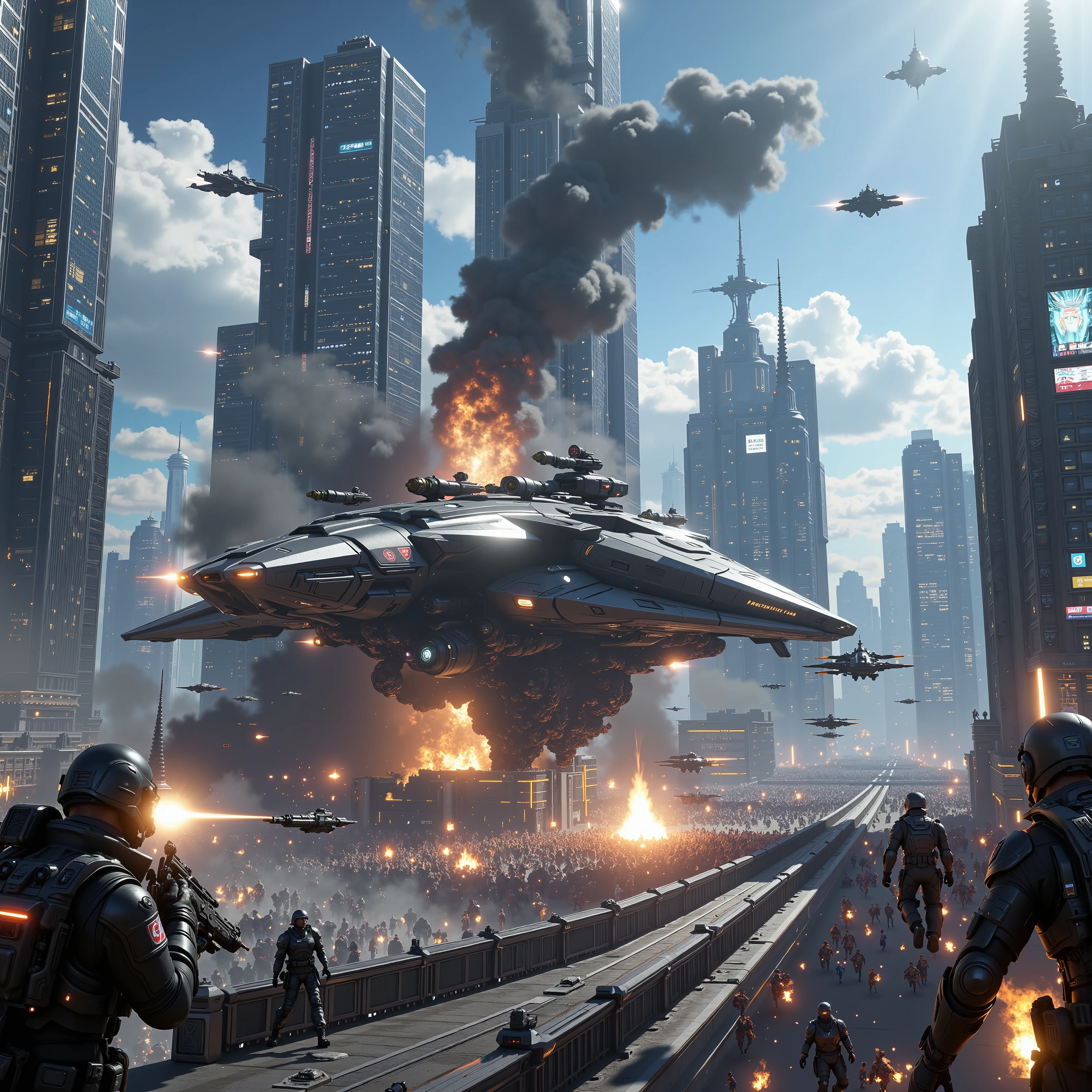 Futuristic 2 (Best quality,4k,8k,highres,masterpiece:1.2), photorealistic,photo-realistic:1.37),highly detailed futuristic cybercity. Skyscrapers with media screens for windows reach high into a clear blue sky. A giant war craft has crashed into a skyscraper, leaving panic and mayhem down below. People running, fires burning, smoke coming from everywhere in the building. Other flying crafts come in and shoot at the crowds of people running from the building. Rebel soldiers fight back with rocket launchers from the ground and in buildings across from the crash site. Ultra-realistic, photo-realistic, ultra-detailed, insane 3D realism, cinematic photography, cinematic lighting, cinematic portrait, portrait photography, cinematography, full focus, UHDR, hyperrealistic, startling, stunning images, awe-inspiringly, surrealism, etheral, futuristic, cyberpunk cityscape, futurism, highest quality, masterpiece.