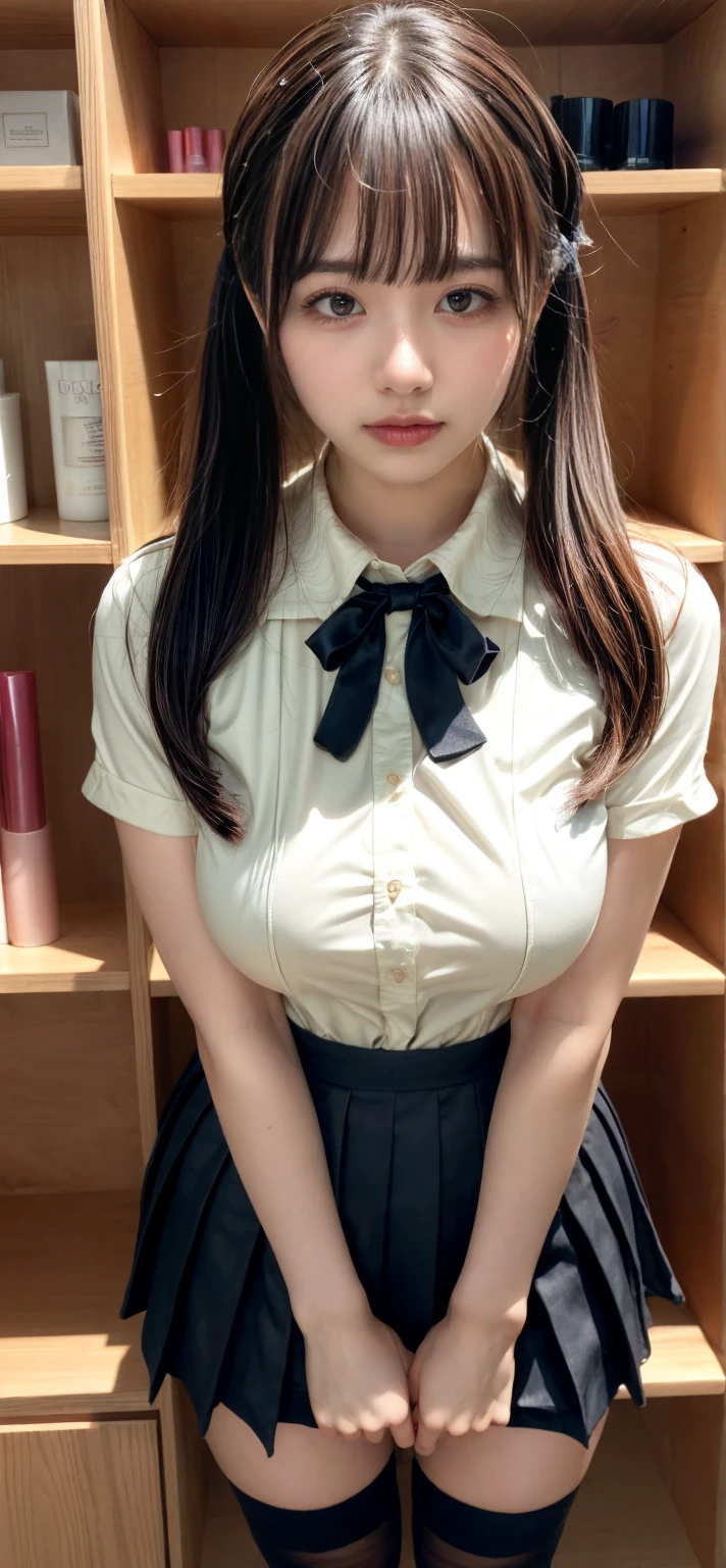 masterpiece, best quality, illustration, Super detailed, fine details, High resolution, 8K,wall paper, perfect dynamic composition,(Details High quality, realistic depiction of eyes:1.3), waitress uniform, restaurant, huge breasts, short bob hair、black hair color, Big Natural Color Lip, (perfect body shape), crying a little、Harajuku style、20 year old girl、cute type、ta、beautiful legs, focus on crotch, full body photo, gravure idol