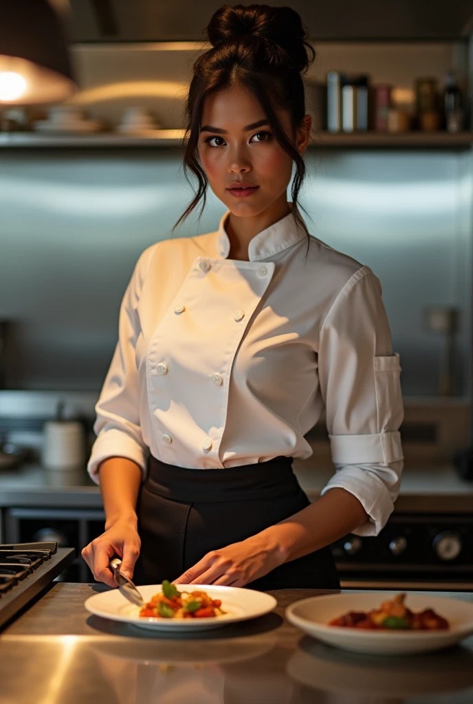 Create a drawing of a chef girl with short curly hair, slanted eyes, and the apron says machi.