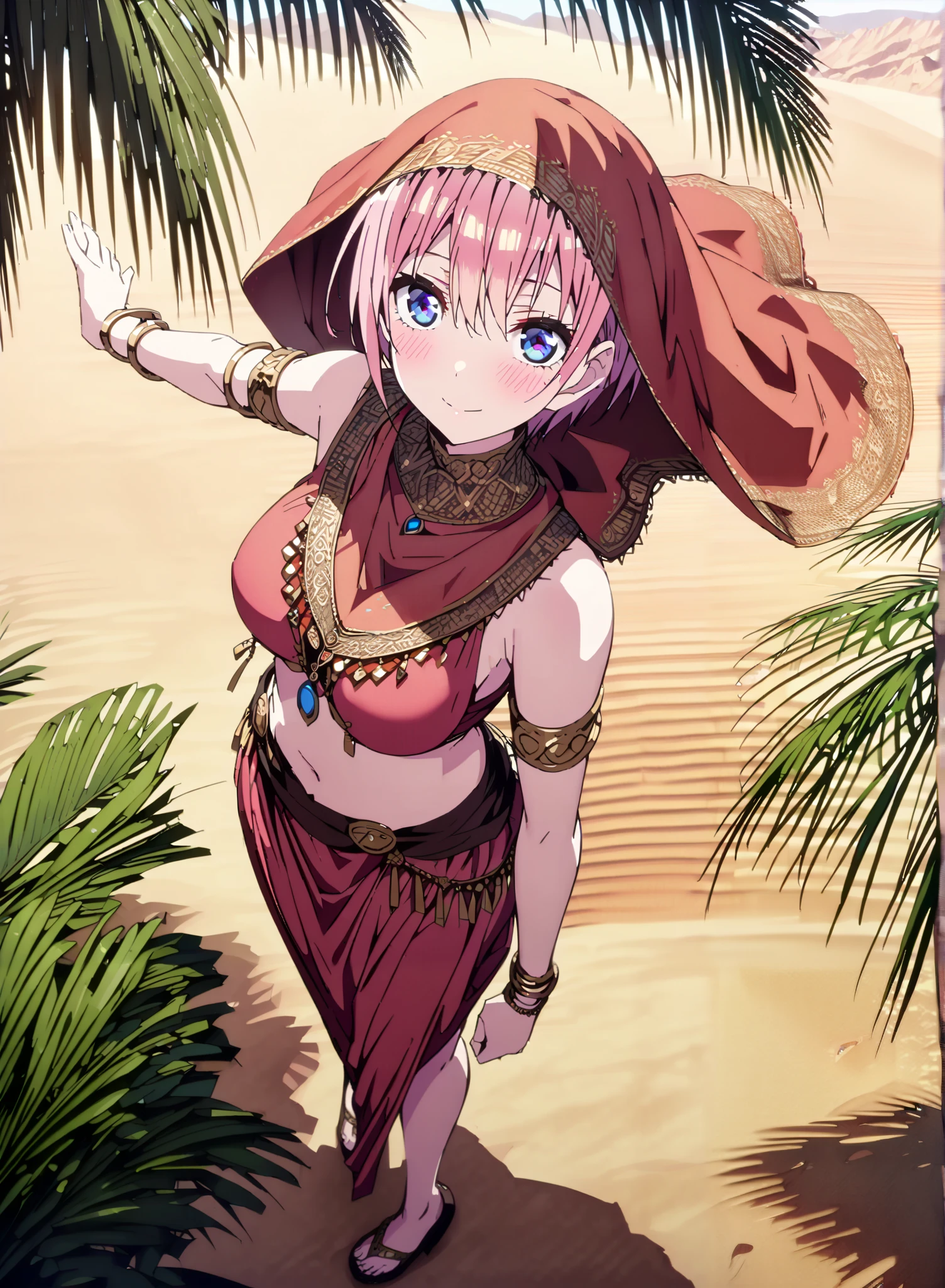 score_9, score_8_up, score_7_up, source_anime, Nakano Ichika, short hair, Alone,bangs, blue eyes, o, pink hair near MM, smile,blush,Big Breasts,Chest Valley,Arabian clothing, dancer , mouth Veil, belly Dancing, Veil, armlet, Bare legs,is standing,palm tree,full bodyがillustrationsに入るように,break outdoors, desert, oasis,
break looking at viewer,full body,
break (masterpiece:1.2), highest quality, High Resolution, Unity 8K Wallpaper , (illustrations:0.8), (Beautiful Detailed Eyes:1.6), very detailed face, perfect lighting, highly detailed CG, (perfect hands, perfect anatomy),