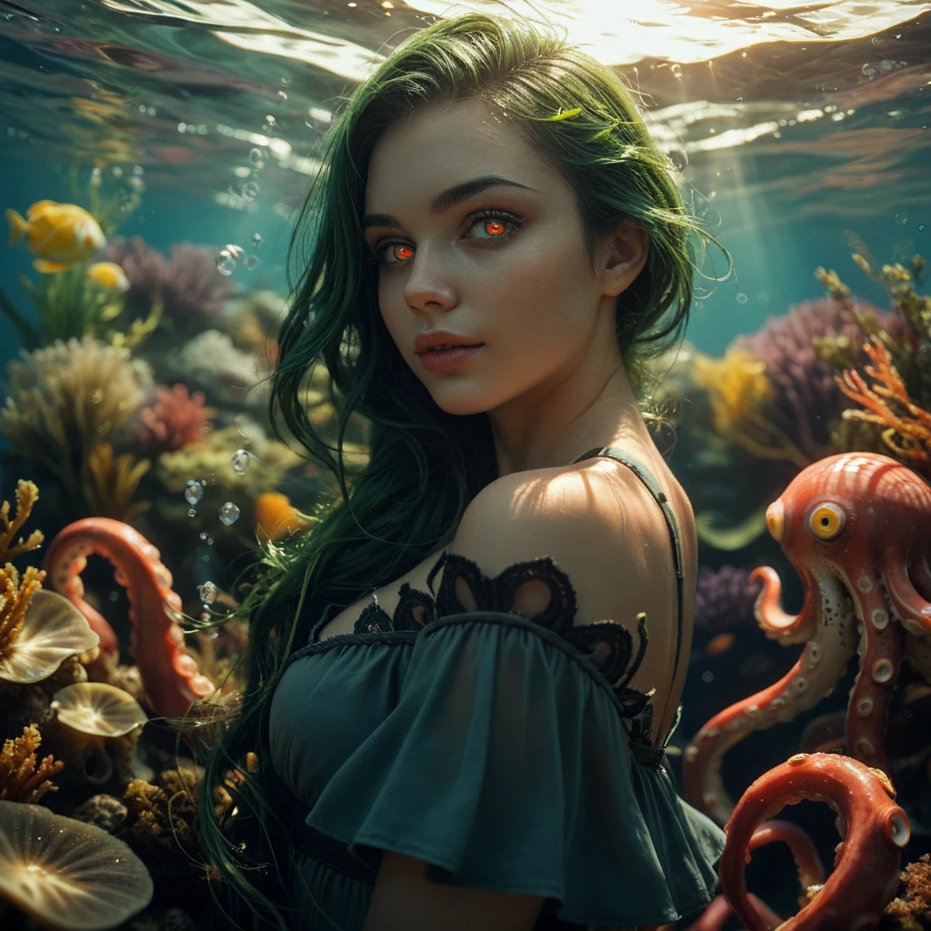 Realistic brown mermaid 3D hair below the shoulder, round face and prominent cheeks with dark eyes 