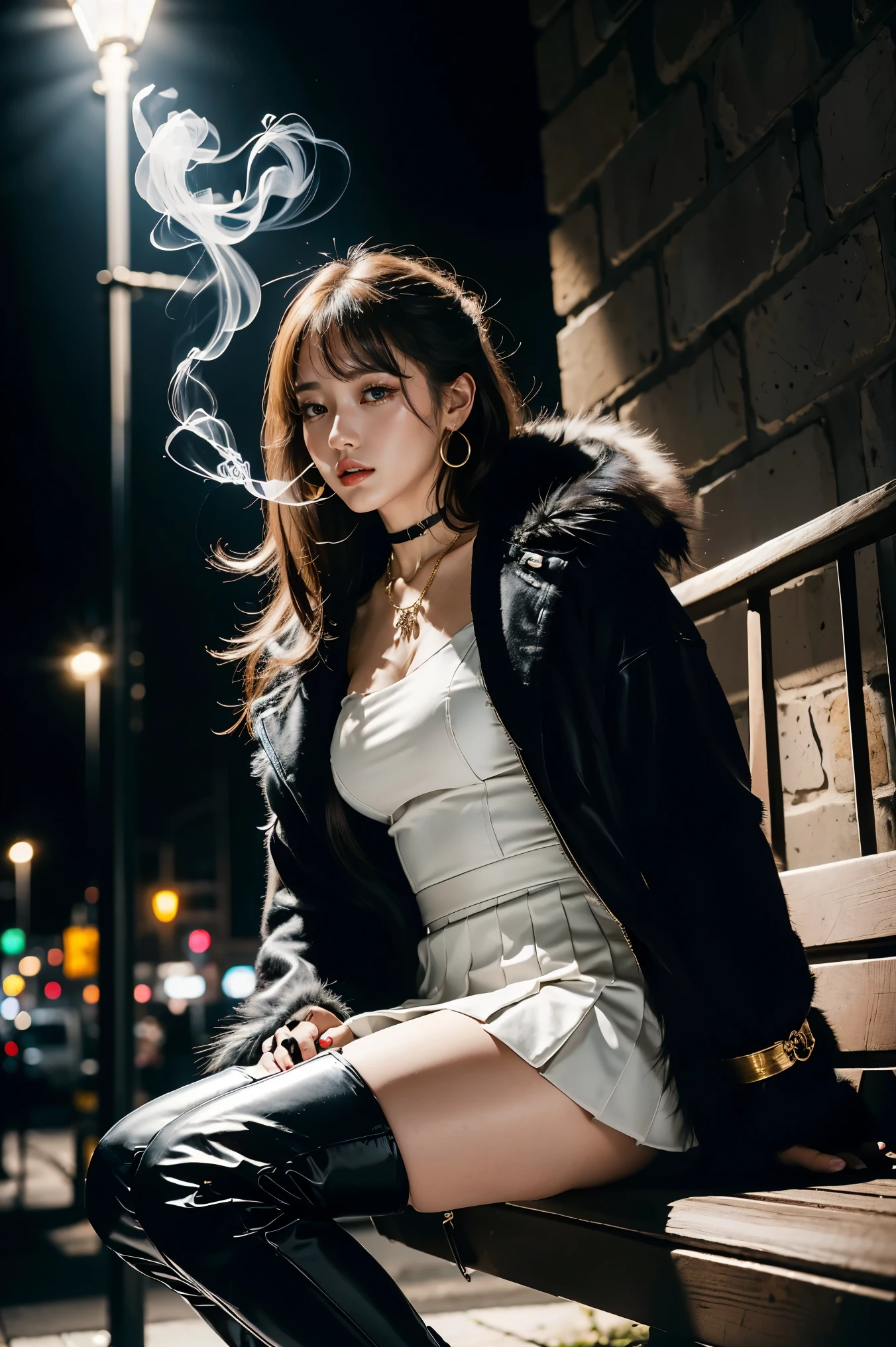 highest quality,greatest masterpiece,highest resolution,Photorealistic,(Late Night,Pitch Darkness:1.4,One street lamp with a faint light:1.4,She's sitting on a bench right under a street lamp and smoking:1.4,The street lights are backlit and my face and body are super dark:1.6),is anatomically correct,Perfect Proportions, perfect woman's body,highest qualityのリアルな質感の肌 highest qualityのテクスチャの髪 ナチュラルボブ ウェーブヘア 前髪パッツン 銀髪,full body lesbian,dark vibe,20 Year Old Japanese Female Fashion Supermodel,fur long coat mink white,V neck with cut and sew,pleated skirt,(thigh high platform boots),gorgeous earrings,necklaces, Bracelets ,(from below:1.6),An impressive composition with her silhouette, perfect composition,dynamic composition