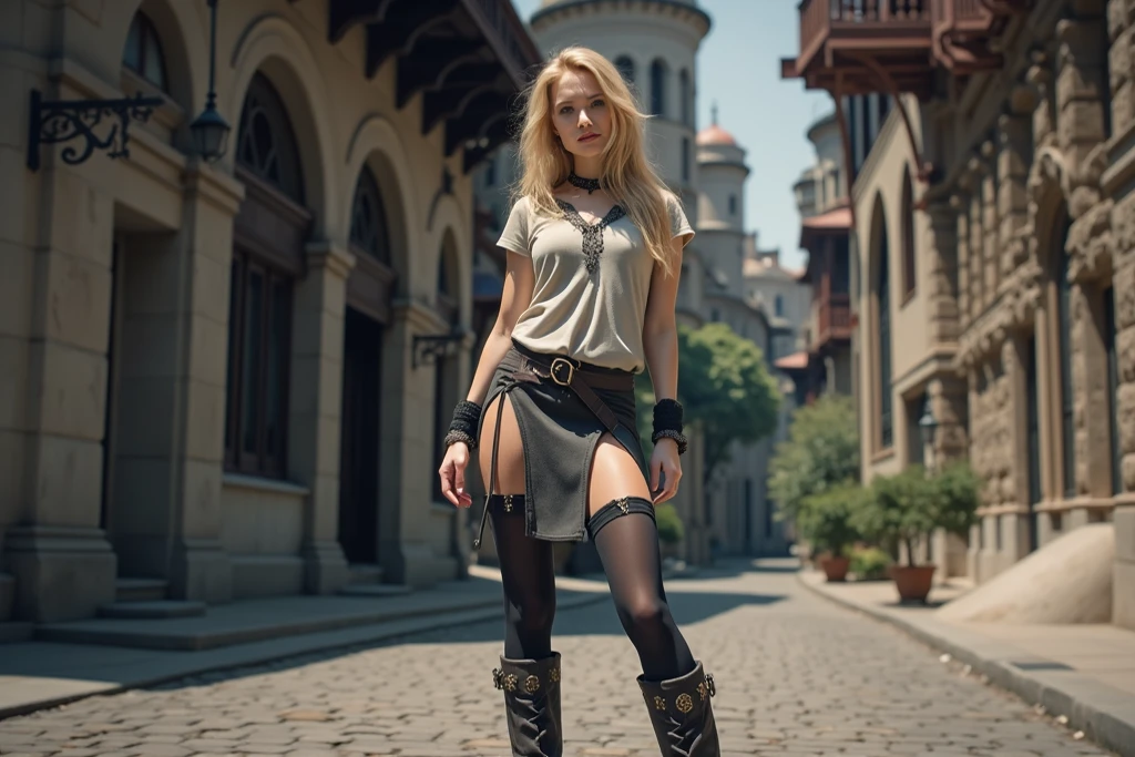 11 girl, high-resolution professional photo, thin, petite, long hair, T-shirt, underdress, long blonde hair, neckline, skirt, hips, stockings with patterns over boots, on the street, from below, looking at the viewer, (cowboy shot), 1 girl, European, very long blonde hair, jewelers, leotard dress, 8 thousand, HDR, hyperrealism, long blonde hair